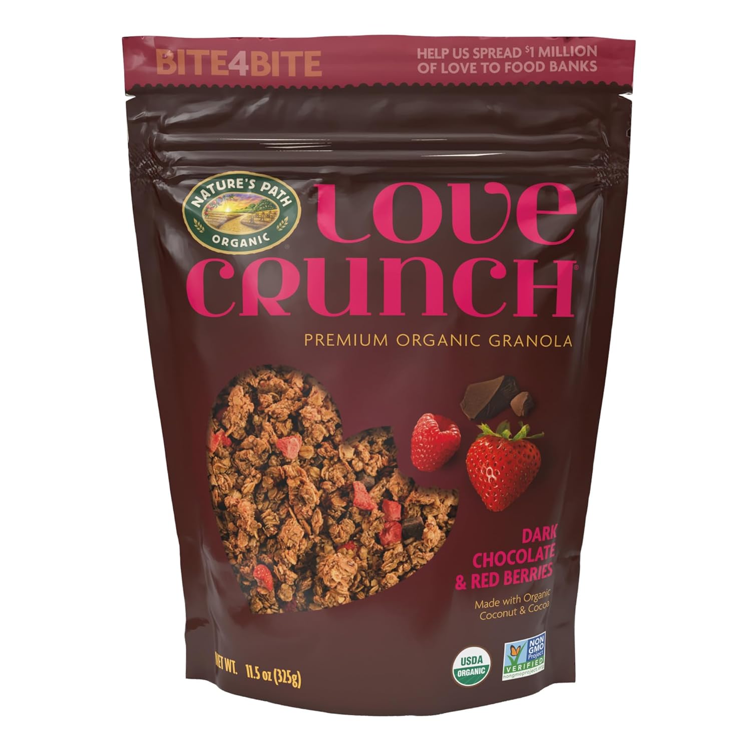 Love Crunch Organic Dark Chocolate & Red Berries Granola, 11.5 oz (Pack of 1), Vegan, Non-GMO, Fair Trade, by Nature's Path