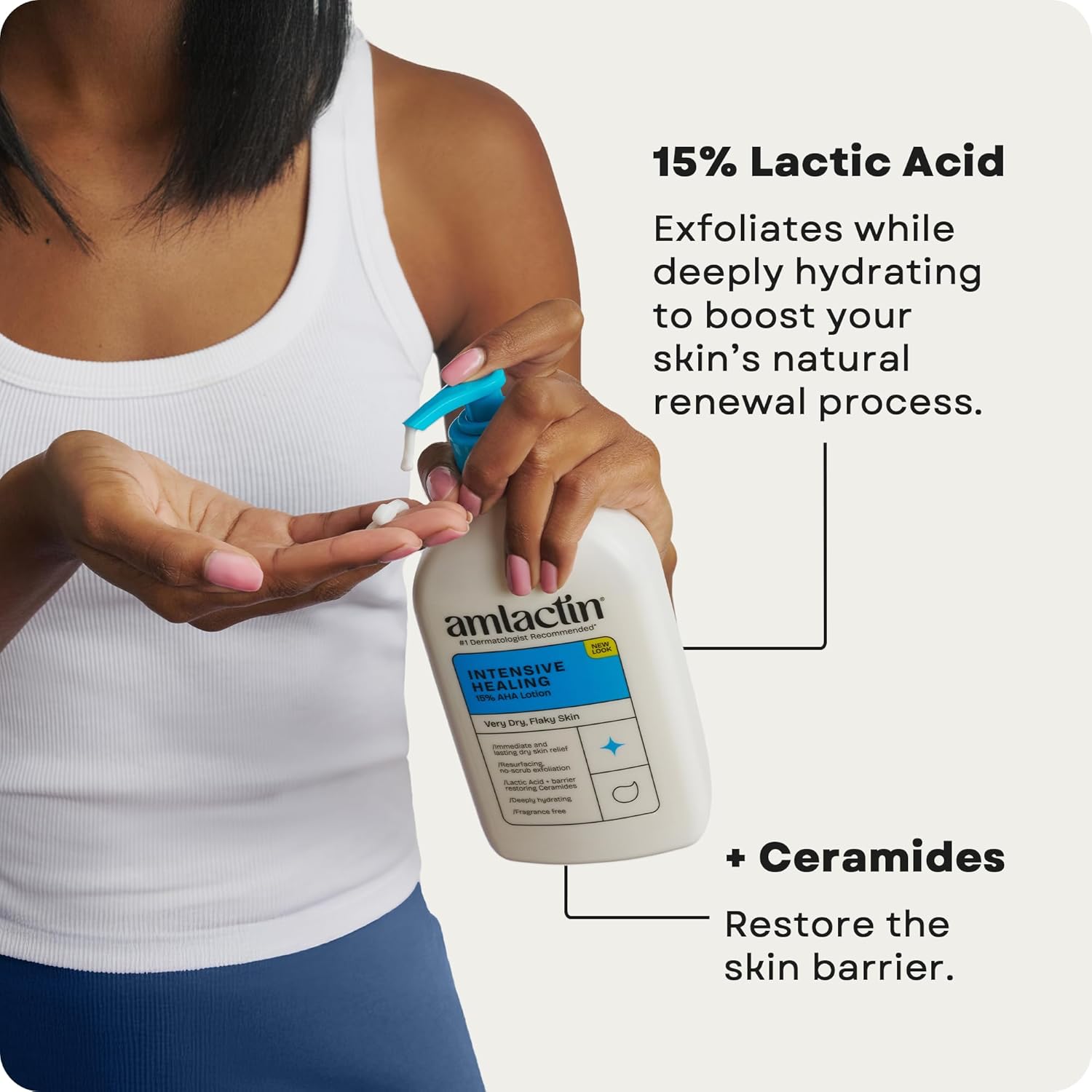 AmLactin Intensive Healing Body Lotion - Therapeutic Lotion for Extremely Dry Skin - No-Scrub Exfoliator and Moisturizer with 15% Lactic Acid AHA and Ceramides, 14.1 oz (Packaging May Vary)