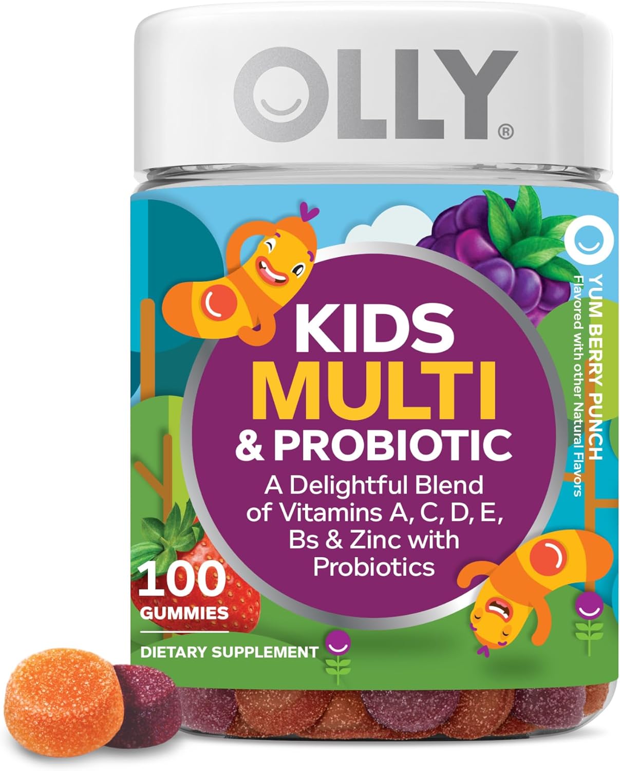 OLLY Kids Multivitamin & Probiotic Gummy, Digestive Support, Vitamins A, D, C, E, B, Zinc, Chewable Supplement, Berry Flavored, 50 Day Supply - 100 Count