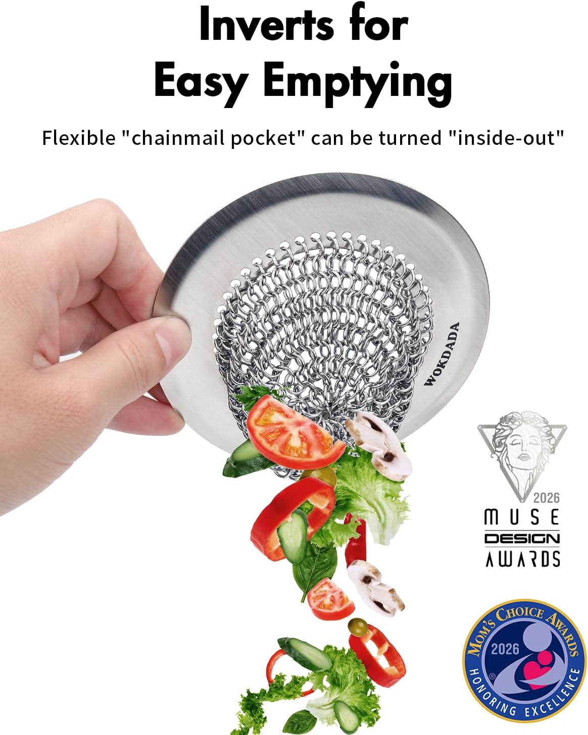 Revolutionary Kitchen Sink Drain Strainer/Patented Reversible Chain Mesh, Effortless Cleaning & Debris Catcher, Large Capacity, No Clog, 304 Stainless Steel & Rust-Proof/Handmade