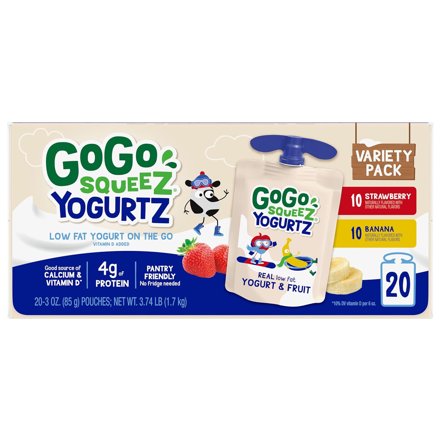 GoGo squeeZ yogurtZ Variety Pack, Strawberry & Banana, 3 oz (Pack of 20), Kids Snacks Made from Real Yogurt and Fruit, No Fridge Needed, Gluten Free, Nut Free, Recloseable Cap, BPA Free Pouches