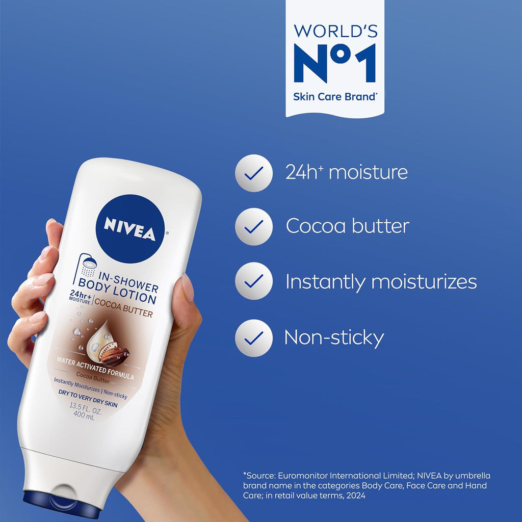 NIVEA Cocoa Butter In Shower Lotion, Water Activated In Shower Moisturizer for Dry Skin to Very Dry Skin, 13.5 FL OZ Bottle