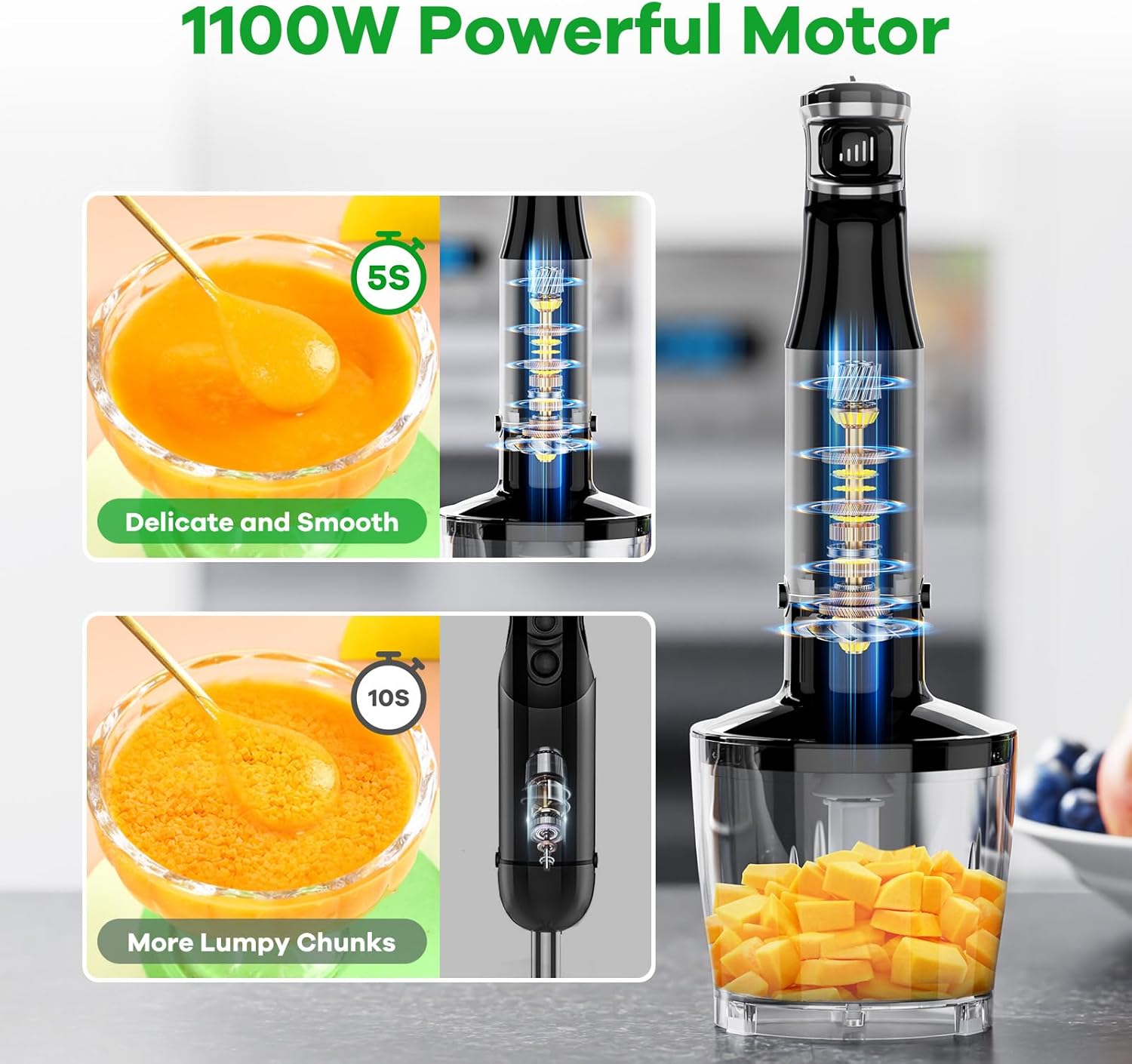 Turelar Immersion Blender Handheld Corded Hand Blenders Set 1100W, Trigger Variable Speed 5 in 1 Stick Emulsifier with Chopper, Whisk and Frother for Soup, Baby Food and Smoothies,Black