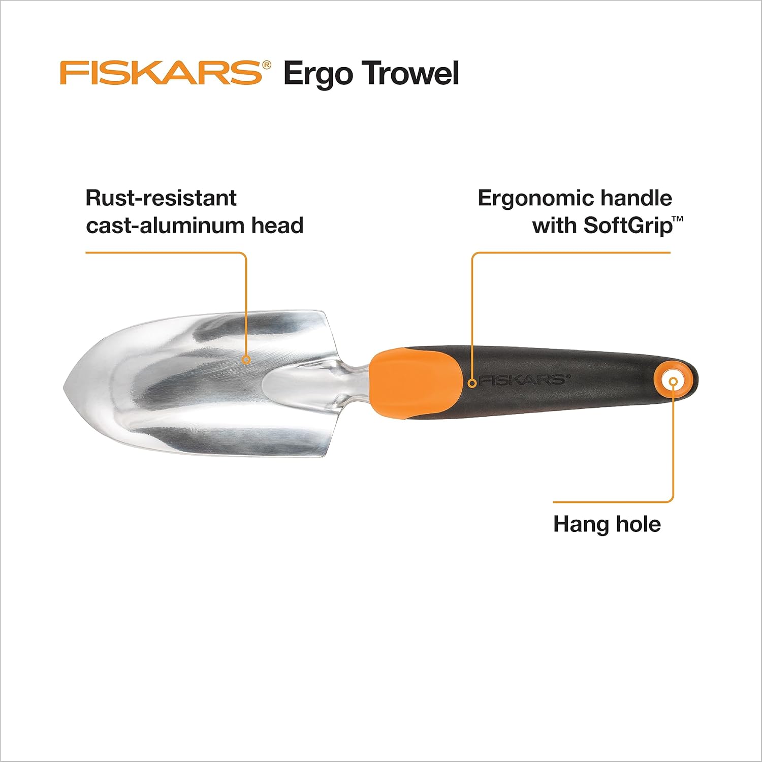 Fiskars Trowel, Heavy Duty Gardening Hand Tool with Hang Hole, For Digging and Planting, Rust Resistant Cast Aluminum, Ergonomic Handle and Comfort Grip, Gardening Tools for Yard