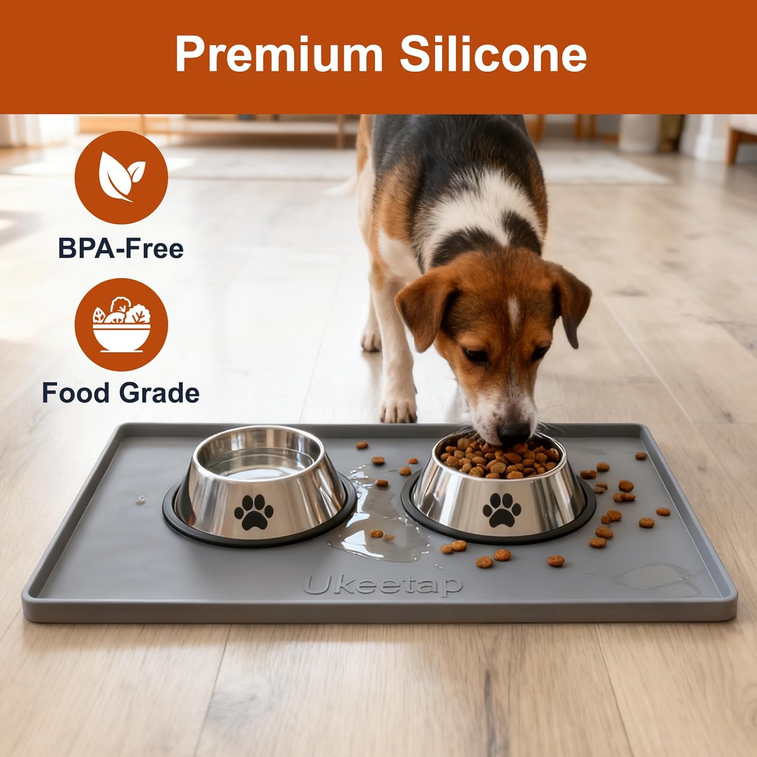 ukeetap Extra Thick Silicone Mat Waterproof with Raised Edge 19” x 12”, BPA Free Non-Slip Dog & Cat Food Mat, Feeding Mat for Food and Water Bowls, Spill Proof Mat to Protect Floors, Gray