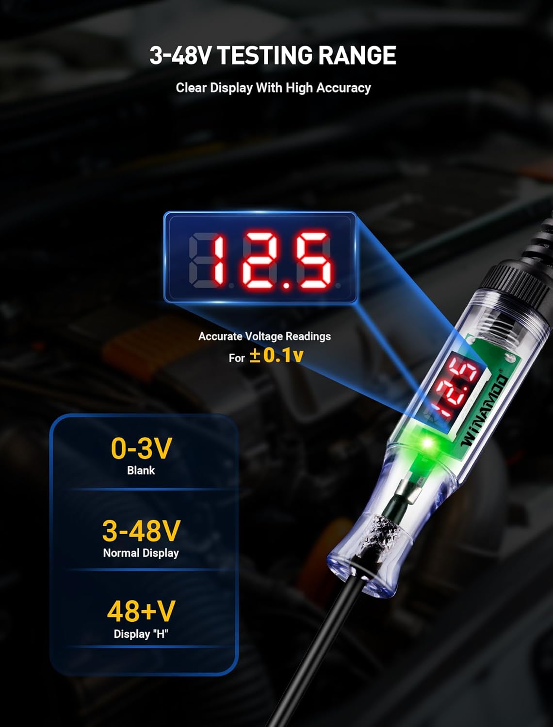 WINAMOO Automotive Test Light with 3-48V LED Digital Voltage Display, Auto Circuit Tester with Voltmeter & Dual Color Polarity Indicate, Electric Test Pen w/Stainless Probe for Car/Truck/SUV Checker
