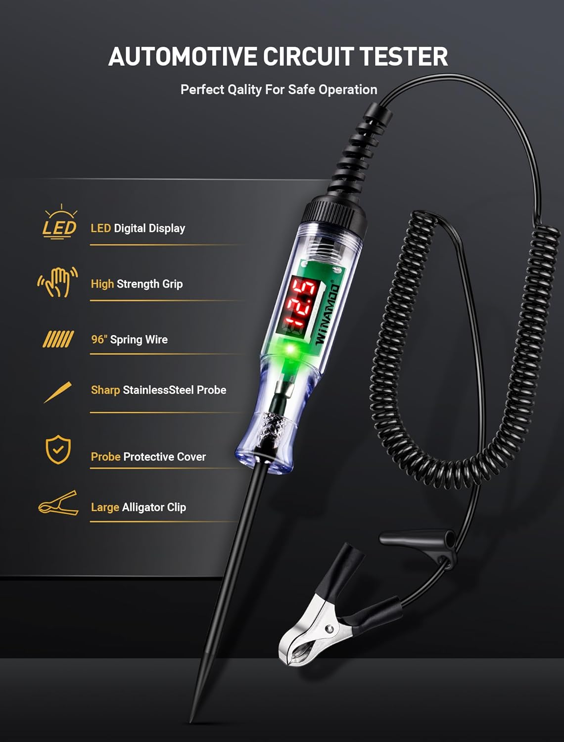 WINAMOO Automotive Test Light with 3-48V LED Digital Voltage Display, Auto Circuit Tester with Voltmeter & Dual Color Polarity Indicate, Electric Test Pen w/Stainless Probe for Car/Truck/SUV Checker