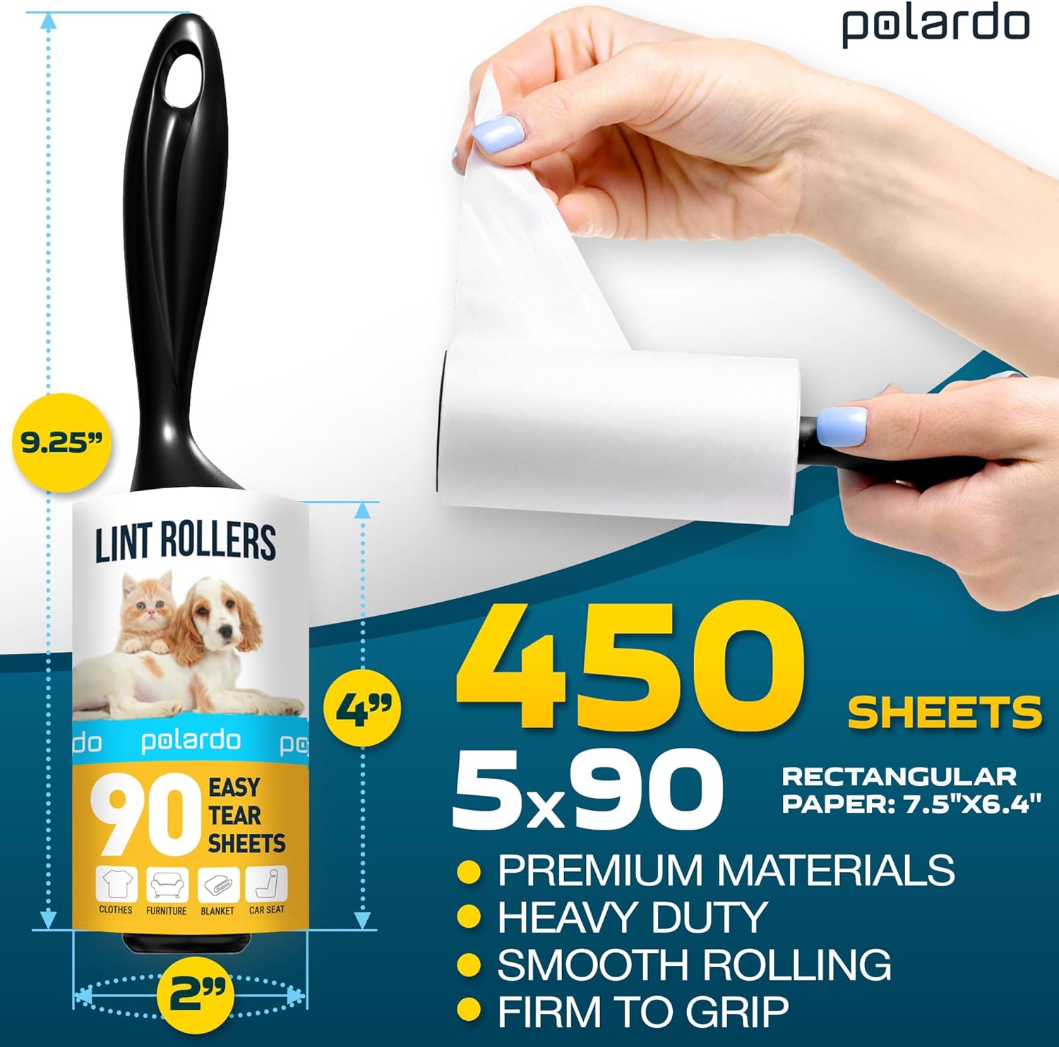 Lint Rollers for Pet Hair, White, Sticky Remover for Couch, Clothes, Furniture and Carpet, Dog and Cat Fur Remover, Animal Fuzz, 5 Large Sticky Rollers