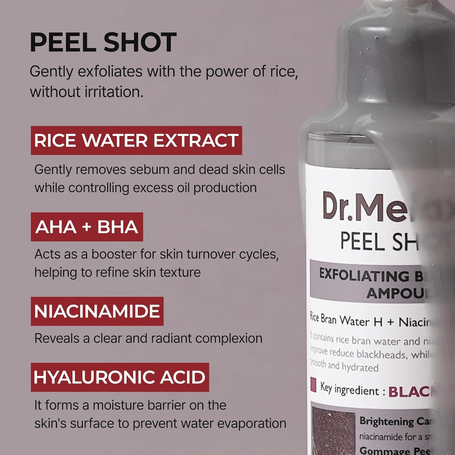 Dr.Melaxin Peel Shot Glow Black Rice Peeling Ampoule 80ml, Dead Skin Remover Gentle Exfoliating with Rice Water Extract, AHA BHA, Niacinamide, Daily Skin Texture, All Skin Types, Korean Skincare