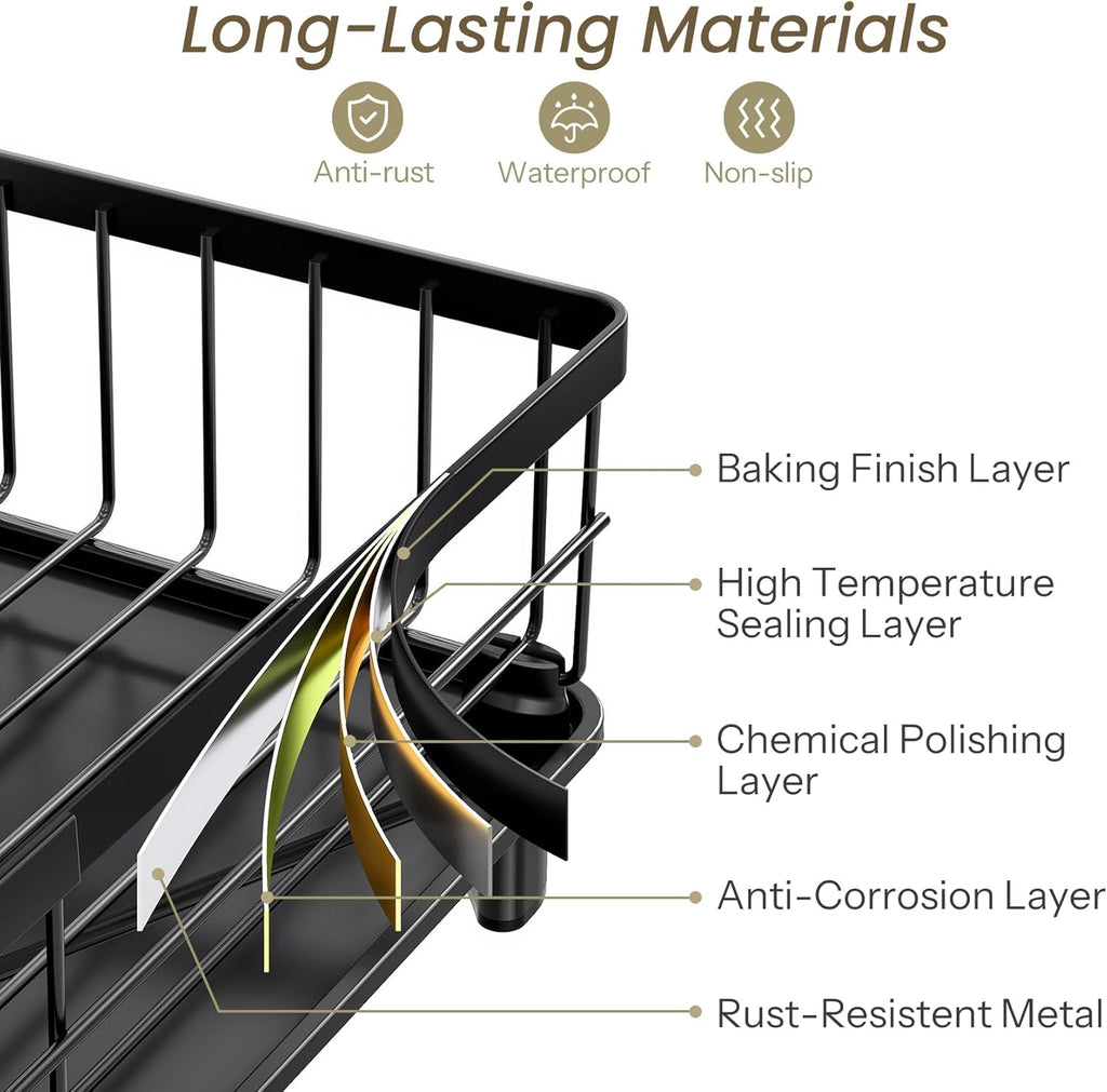 SNTD Dish Drying Rack - Space-Saving Dish Rack for Kitchen Counter, Stainless Steel Dish Drainer with Utensil Holder and Drainboard, 11" W x 15" L (Black)