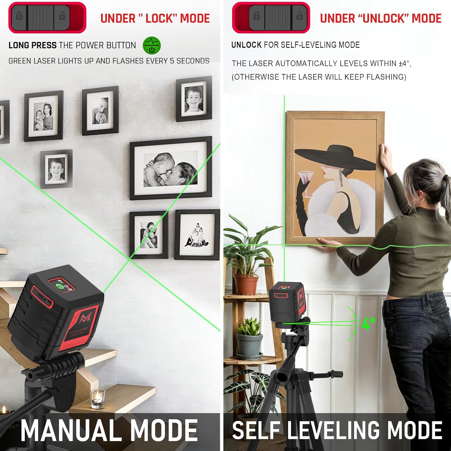 Motovera Self Leveling Laser Level 100ft, Green Cross Line with Tripod, 4 Brightness Modes & Pulse Function, Manual & Self-Leveling Modes, IP54 Waterproof for Picture Hanging, Tile, DIY Construction