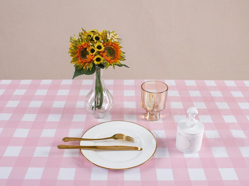 Kesfey 3 Packs Pink Gingham Tablecloth Pink and White Checkered Tablecloths 54 x 108 Inches Disposable Plastic Gingham Tablecovers Waterproof Rectangle Picnic Table Covers for Birthday Party Supplies