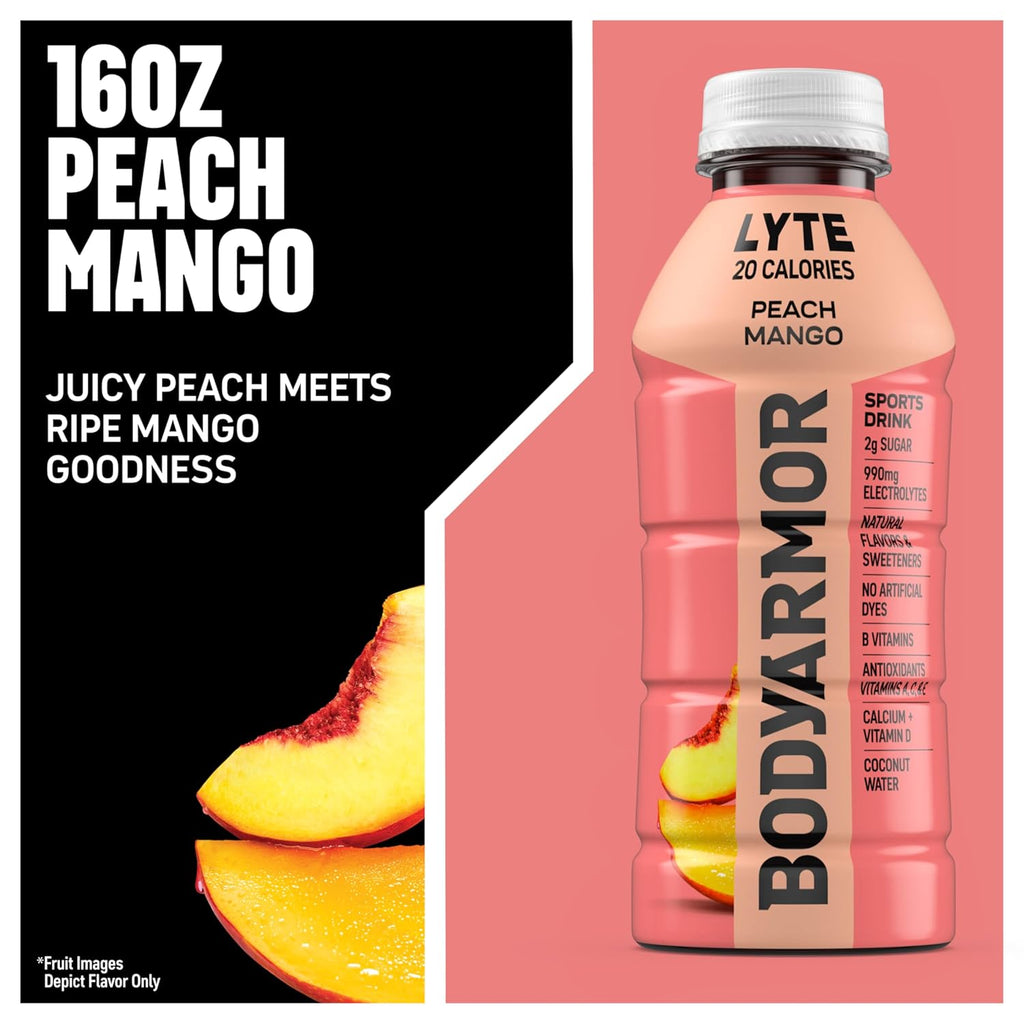 BODYARMOR LYTE, Peach Mango, Electrolyte Drink, 20 Calories, 16 Fl Oz Bottles (12 Pack), Coconut Water Sports Drink, Natural Flavor & B Vitamins