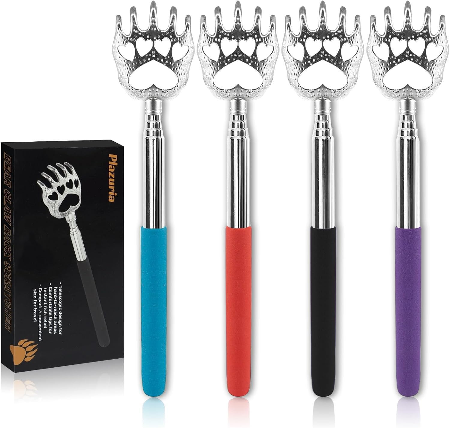 Plazuria (4-Pack) Extendable Back Scratchers - Metal Claws with Telescopic Rubber Handles - Stocking Stuffers for Men, Women, Kids