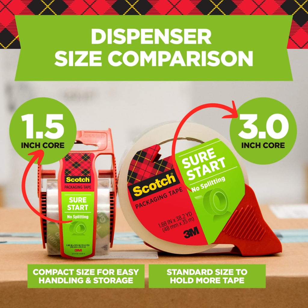 Scotch Sure Start Packing Tape, Clear, Quiet Unwind and Easy Start, 1.88 in. x 22.2 yd., 6 Tape Rolls with Dispensers