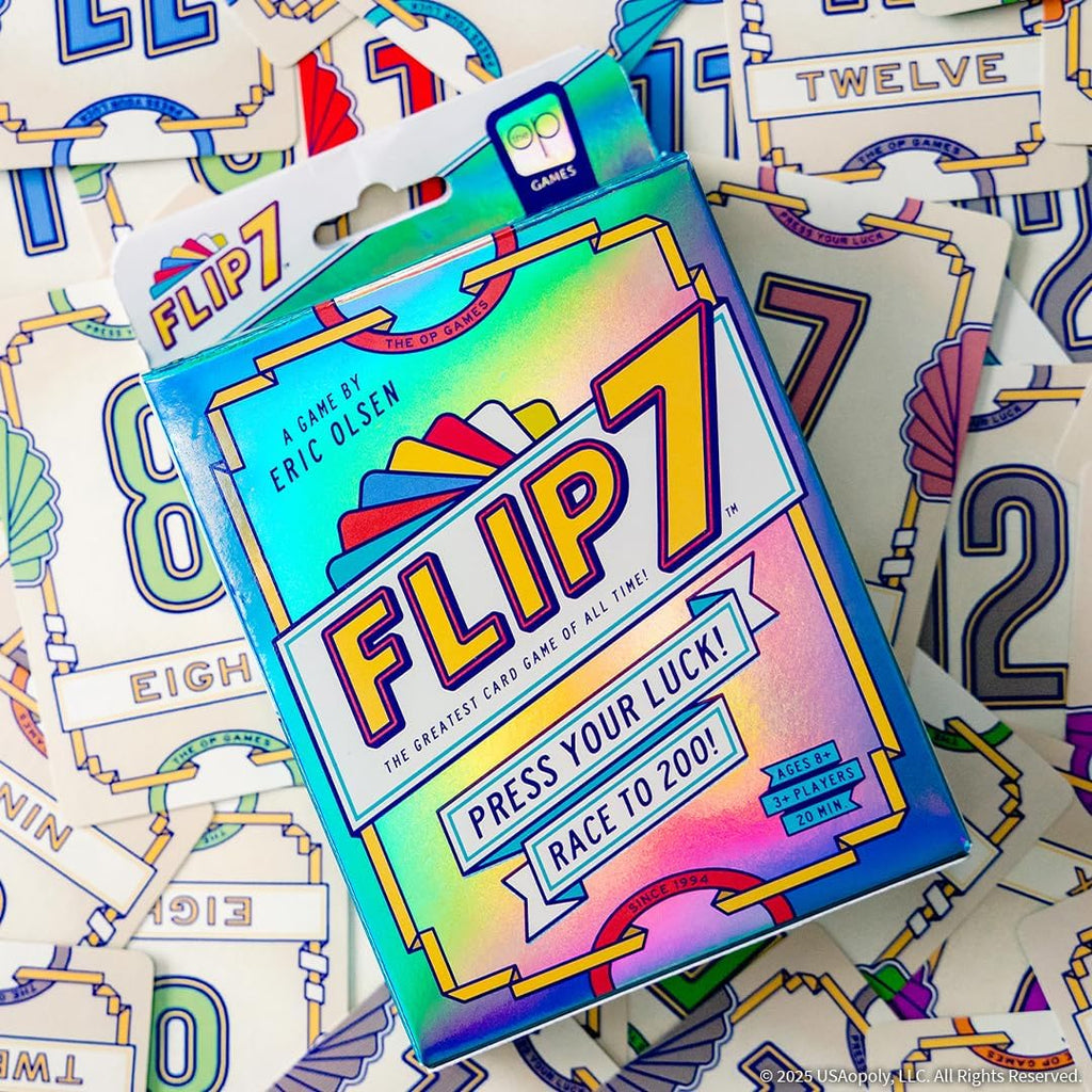 USAOPOLY Flip 7, The Ultimate Blend of Press Your Luck & Strategy, Fast-Paced Addictive Card Game,Quick to Learn & Easy to Teach,Perfect for Game Nights, 3+ Players, Ages 8 & Up, 20 Minutes Play Time