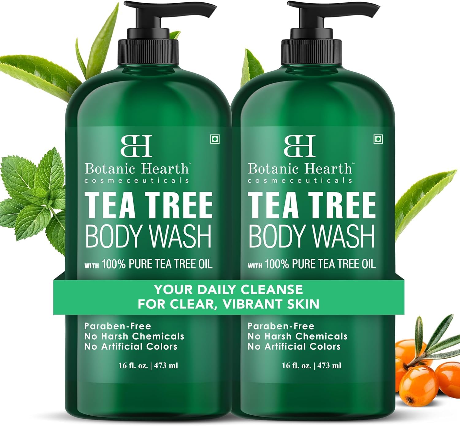 Botanic Hearth Tea Tree Body Wash 16 fl oz (2 Pack) Natural Antifungal & Odor Control Shower Gel for Acne, Athlete’s Foot, Ringworm, Jock Itch, Healthy Skin, Sulfate & Paraben Free, for Men & Women