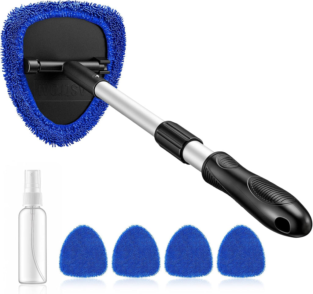 AstroAI Windshield Cleaner Tool, Car Interior Detailing Cleaning Kit with Extendable Handle and 4 Upgraded High-Density Reusable Microfiber Pads, Auto Glass...