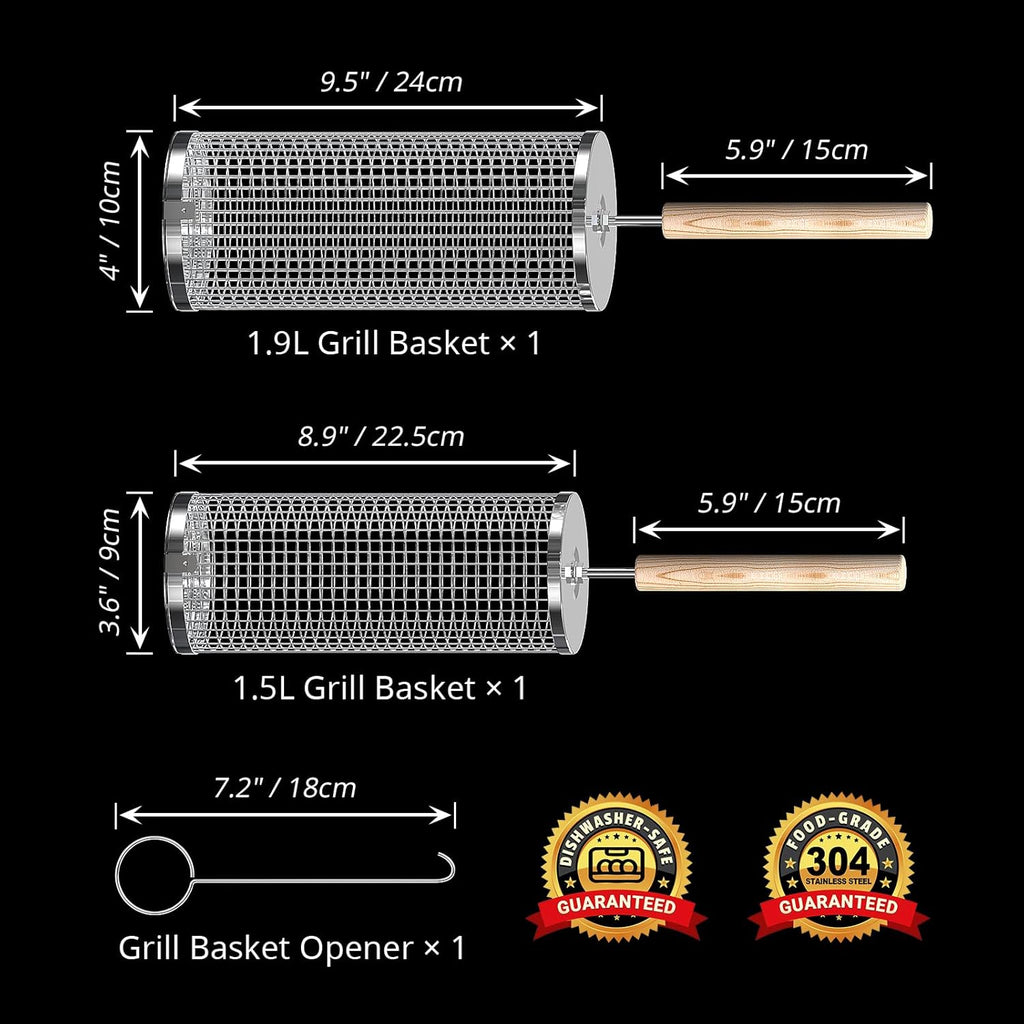 ivtivfu Rolling Grill Basket, Removable Wooden Handle, 304 Stainless Steel, Nesting BBQ Tools, Smoker Grilling Accessories for Vegetable, Outdoor Cooking Camping, Birthday Gifts for Men Dad Husband