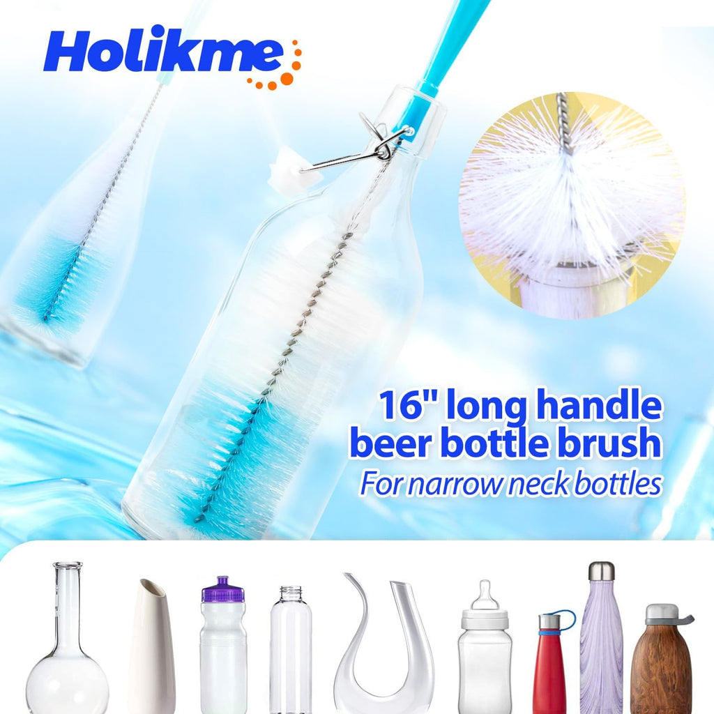 Holikme Bottle Brush Tube Cleaning Lab Set with Long Handle, Cup Cleaner for Washing Narrow Neck Beer Wine Decanter Pipes Lids Sinks Cap Covers, White