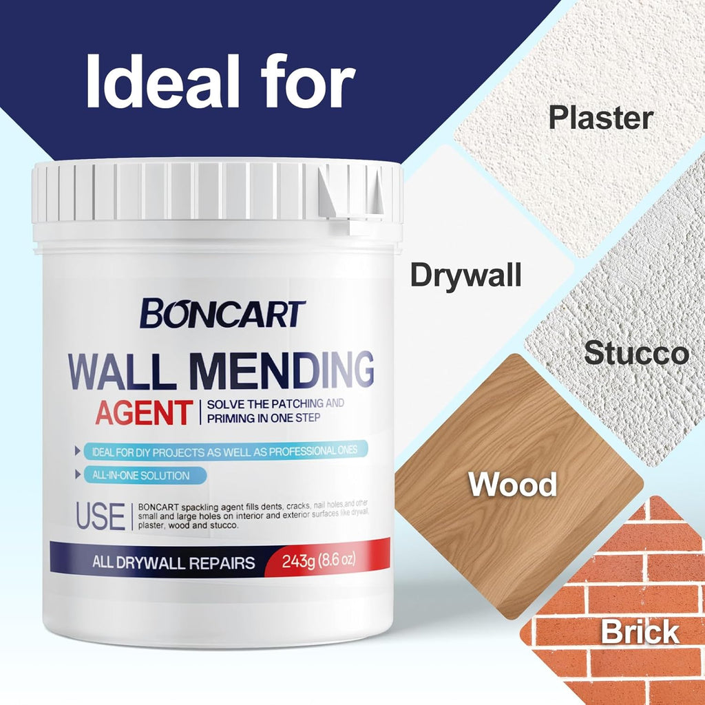 BONCART 8.6oz Drywall Patch Repair Kit - Professional All-in-1 Tool Set (Scrapers/Sandpaper/Texture Sponge/Gloves/Putty Knife) for Fast Wall Hole Repair