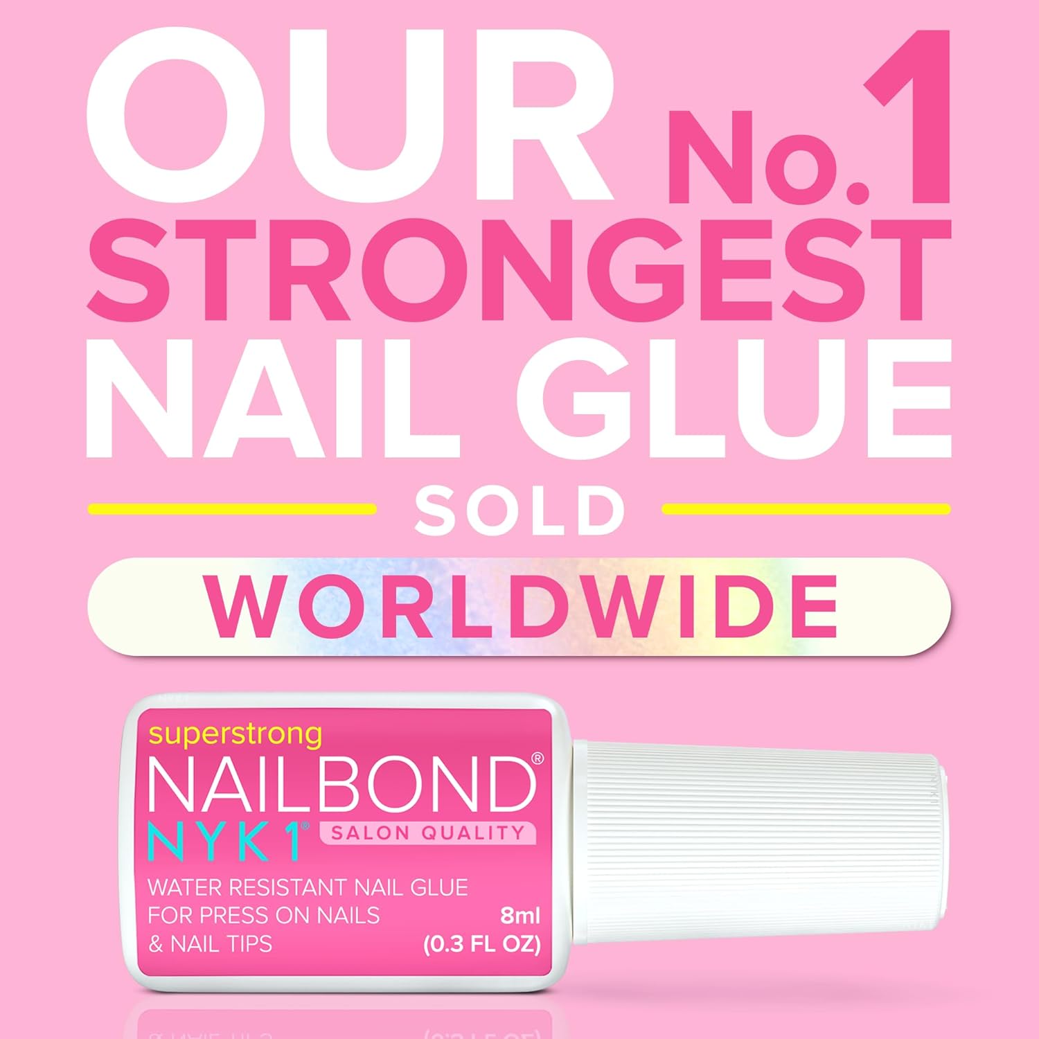 Super Strong Nail Glue for Press On Nails, Nail Tips & Acrylic Nails (8ml) NYK1 NailBond Brush On Glue for Press Ons, Tips & Acrylics - Long Lasting, Maximum Strength, Mess-Free Application
