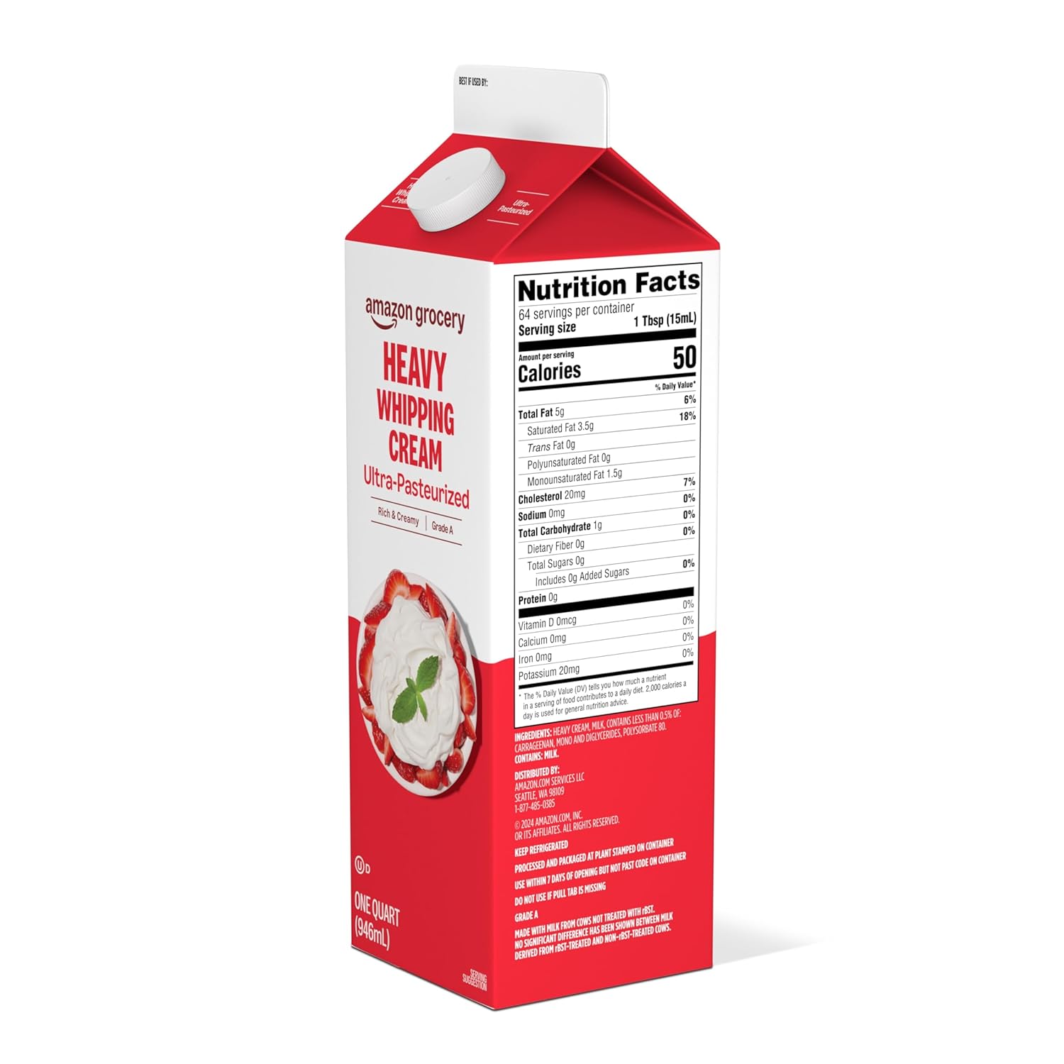 Amazon Grocery, Heavy Whipping Cream, Ultra-Pasteurized, 32 Fl Oz