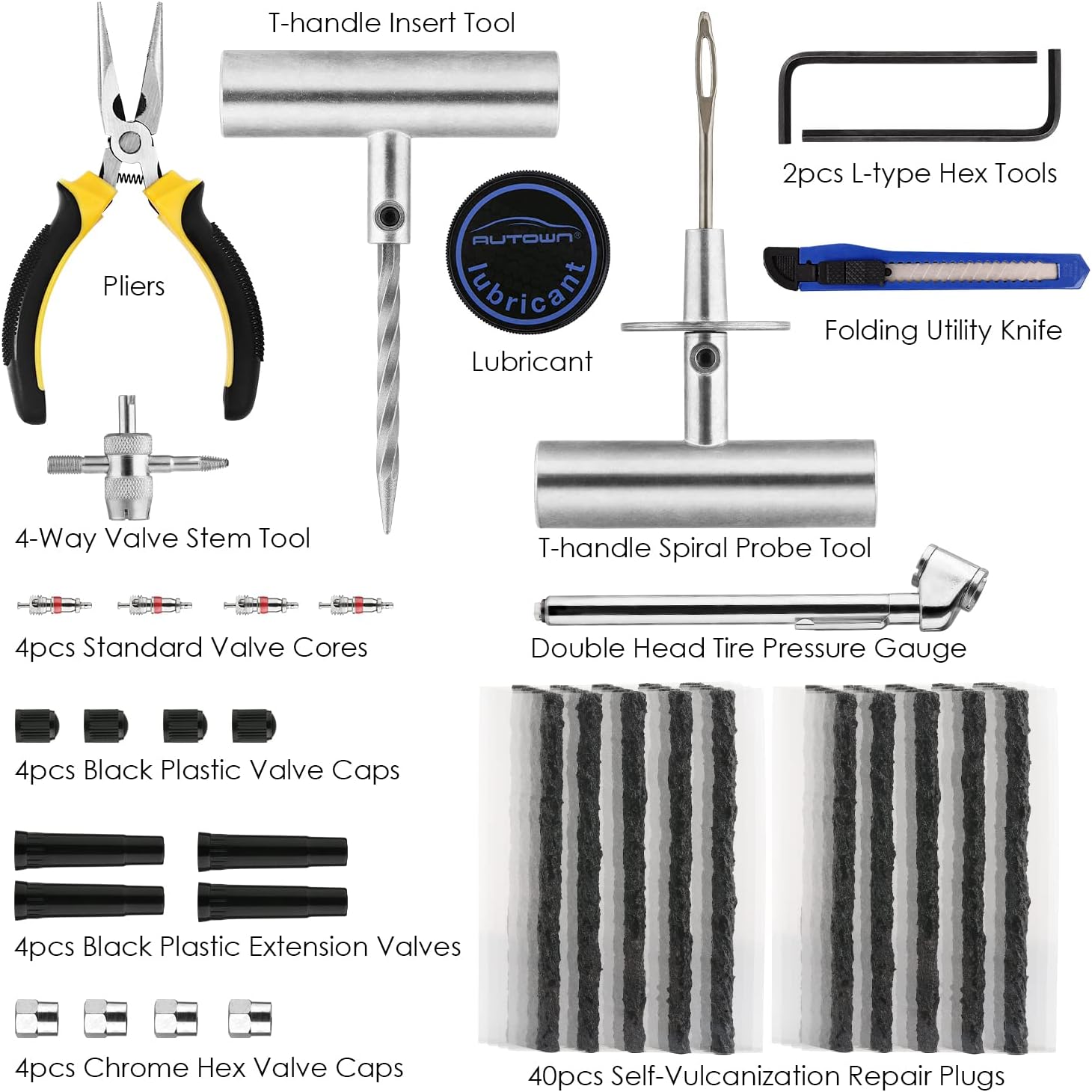 AUTOWN Tire Repair Kit - 68pcs Heavy Duty Tire Plug Kit, Universal Tire Repair Tools to Fix Punctures and Plug Flats Patch Kit for car Motorcycle, Truck, ARB，ATV, Tractor, RV, SUV, Trailer