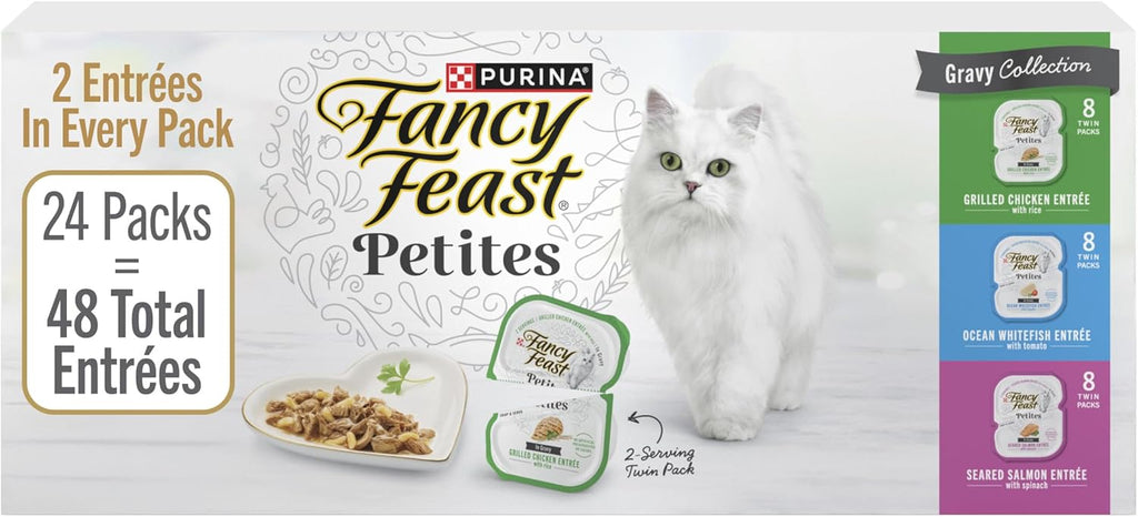 Purina Fancy Feast Gourmet Wet Cat Food Variety Pack, Petites Gravy Collection, break-apart tubs, 48 servings - (Pack of 24) 2.8 oz. Tubs