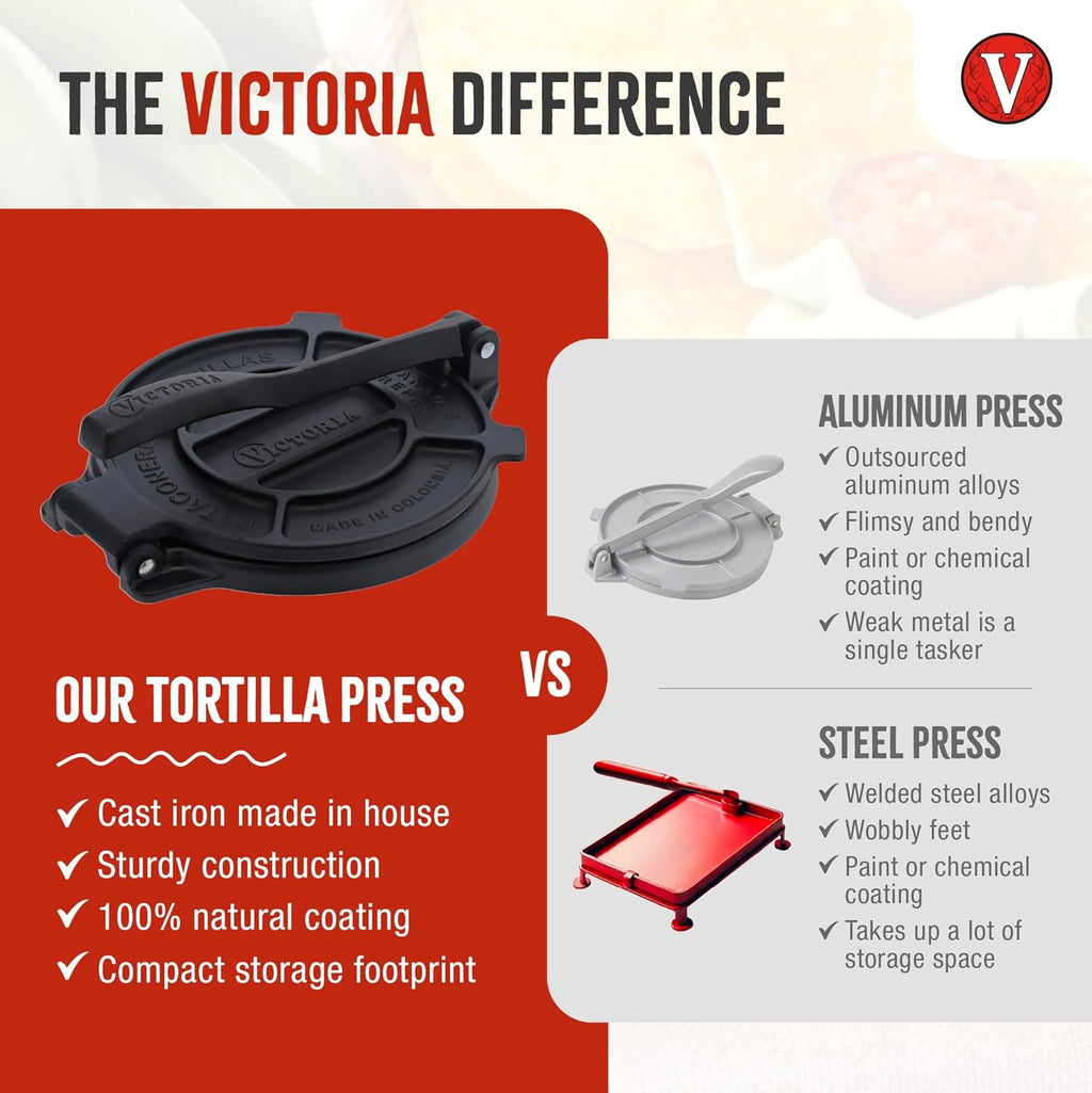 Victoria 8 Inches Cast Iron Tortilla Press, Roti Maker and Tortilladora, Pataconera Seasoned with Flaxseed Oil, Made in Colombia, Traditional Style, Black