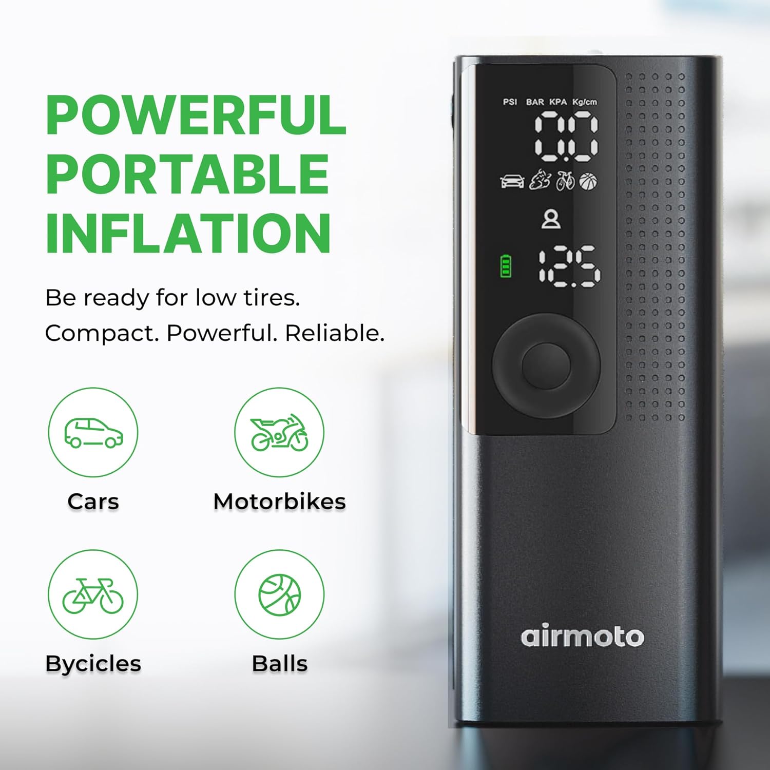 Airmoto Tire Inflator Portable Air Compressor - Air Pump For Car Tires with Digital Pressure Gauge, LED Light and Auto Shut-Off Function - Cordless Pump for Car, Motorcycle, Bicycle, Ball