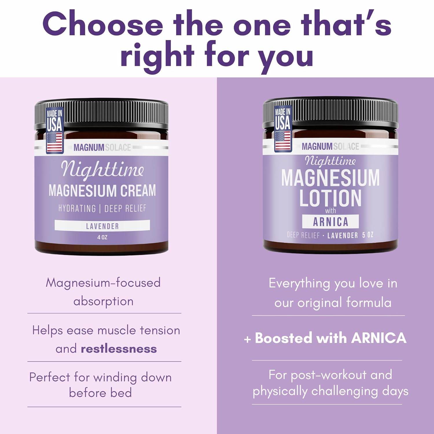 Magnum Solace Nighttime Magnesium Lotion with Arnica – Highly Concentrated Magnesium for Muscles & Joints – Apply to Legs or Feet Before Bed – Skin-Friendly