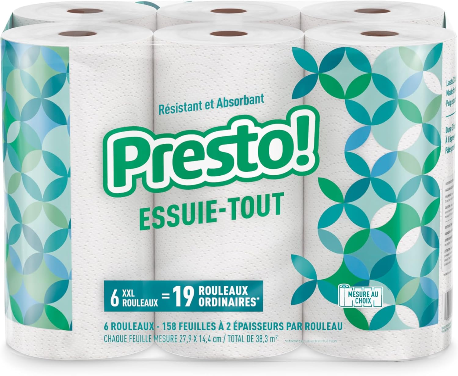 Amazon Brand - Presto! Ultra-Strong Premium Paper Towels, 158 Sheet Huge roll - Flex-a-Size, 6 Rolls, Equivalent to 19 Regular Rolls, White