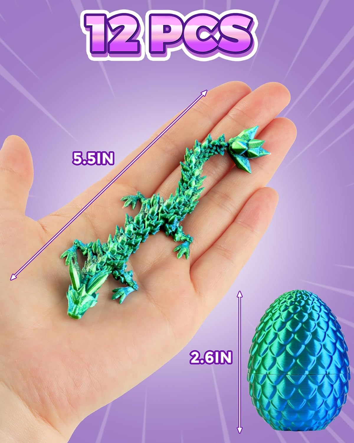 12PACK 3D Printed Dragon Eggs, Easter Basket Stuffers for Children and Teens, Unique Easter Toys & Gifts for Boys, Mini Articulated Dragon Toys for Kids.