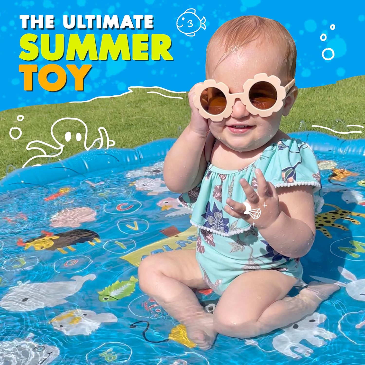 SplashEZ 3-in-1 Splash Pad, Sprinkler for Kids & Baby Pool for Learning – Toddler Sprinkler Pool, 60’’ Outside Water Toys – “from A to Z” Outdoor Play Mat for Babies & Toddlers