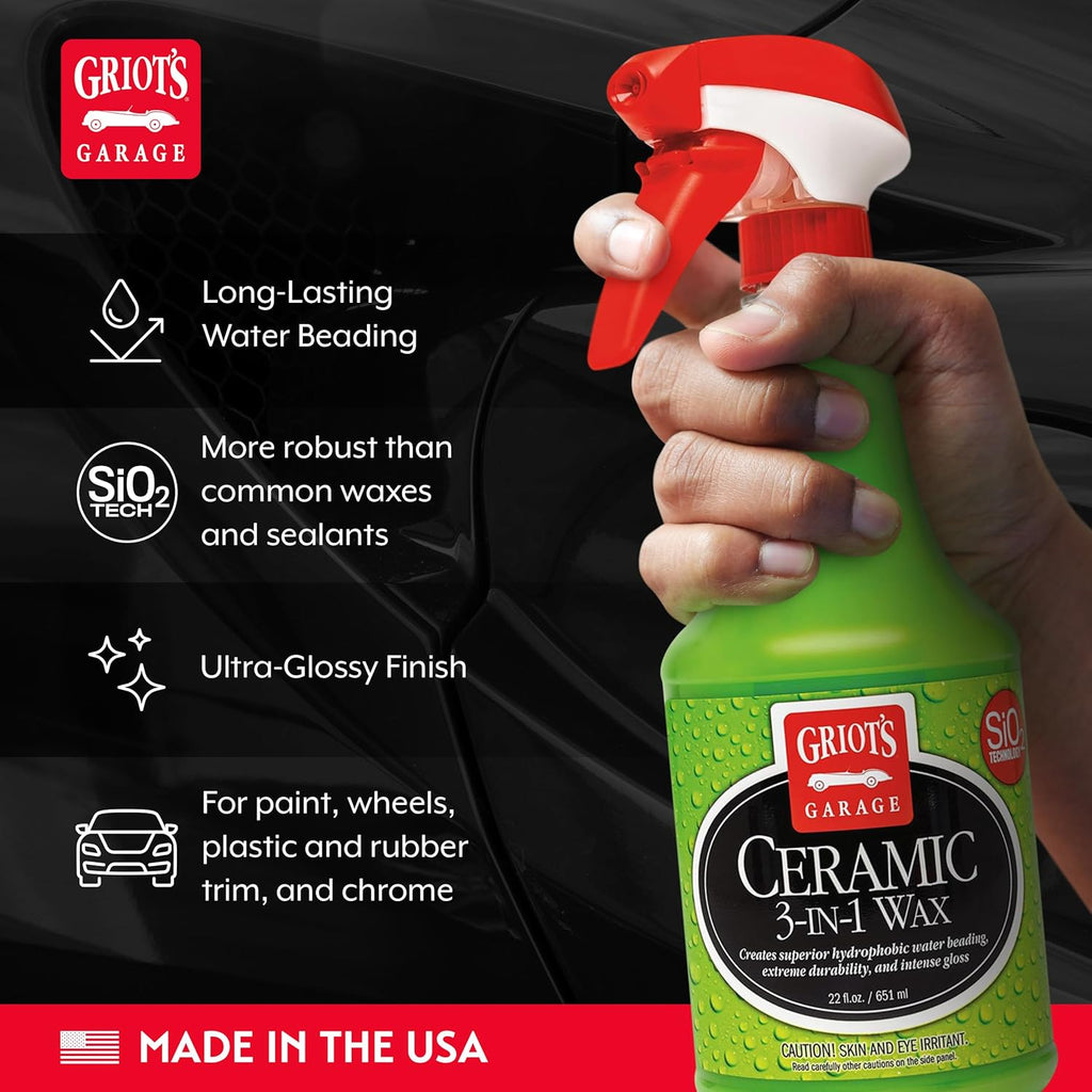 Griot’s Garage Ceramic 3-in-1 Wax, SiO2 Spray for Cars, Trucks, and RV’s, Provides Protection and Water Beading on Paint, Wheels, Plastic, Rubber Trim, Chrome, and More, 10978, 22 oz
