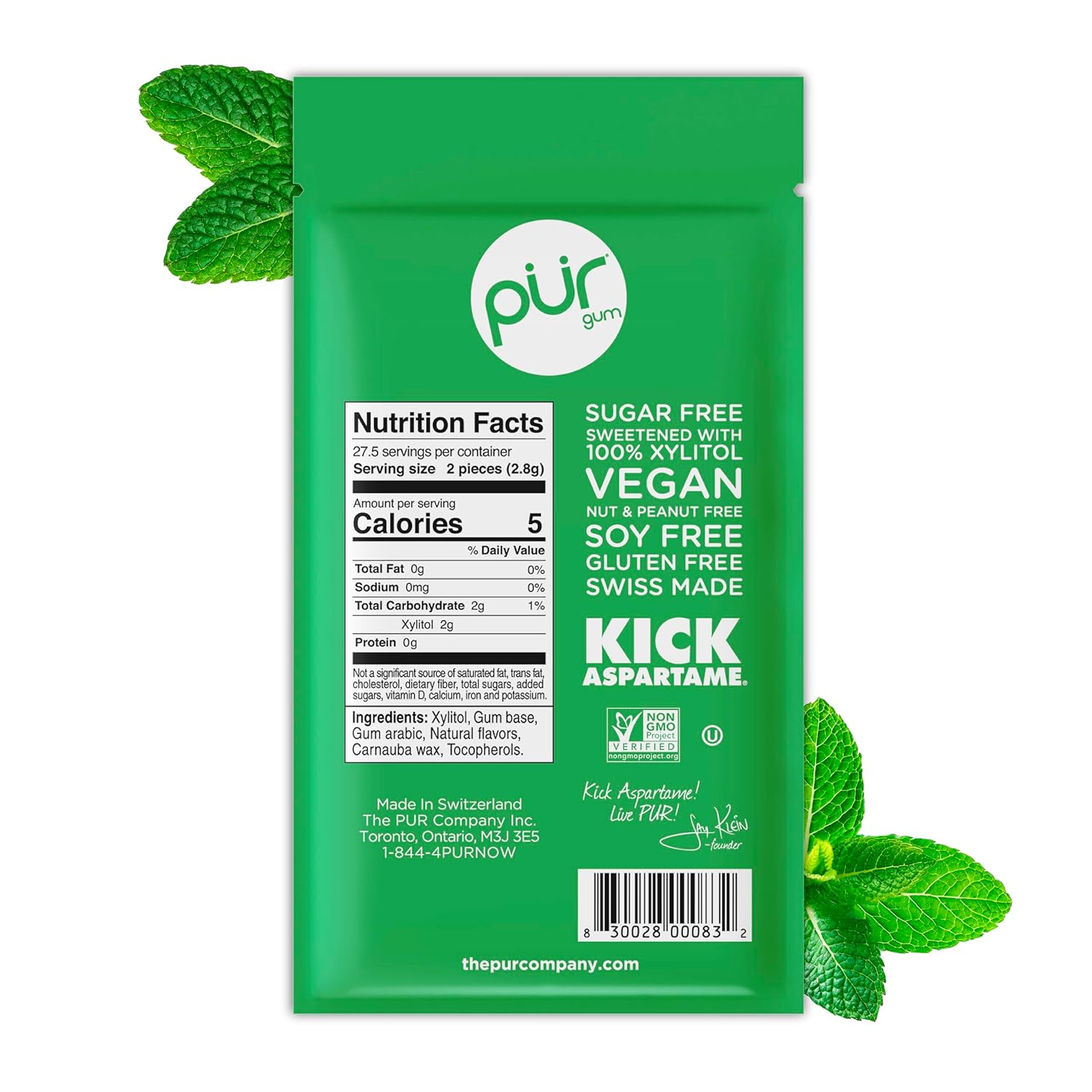 PUR Gum | Aspartame Free Chewing Gum | 100% Xylitol | Natural Spearmint Flavored Gum, 55 Pieces (Pack of 1)
