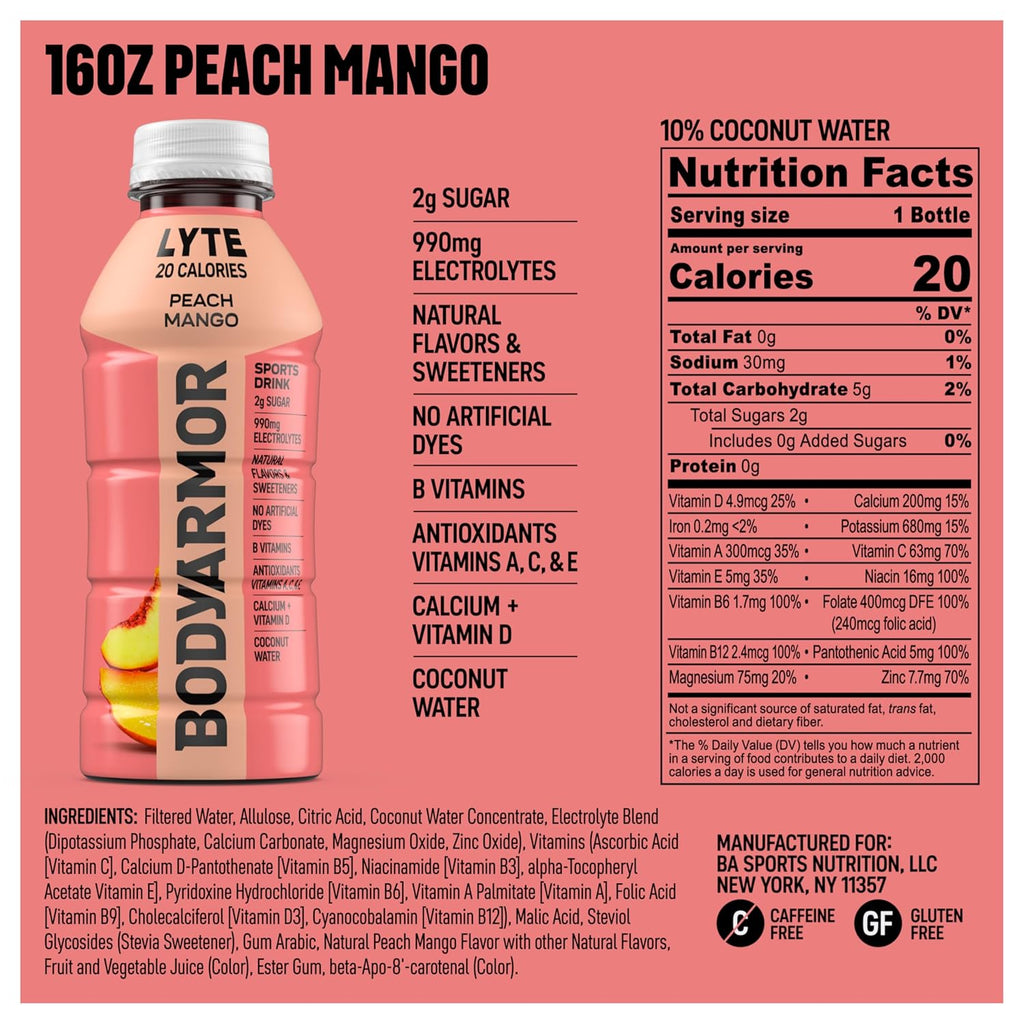 BODYARMOR LYTE, Peach Mango, Electrolyte Drink, 20 Calories, 16 Fl Oz Bottles (12 Pack), Coconut Water Sports Drink, Natural Flavor & B Vitamins
