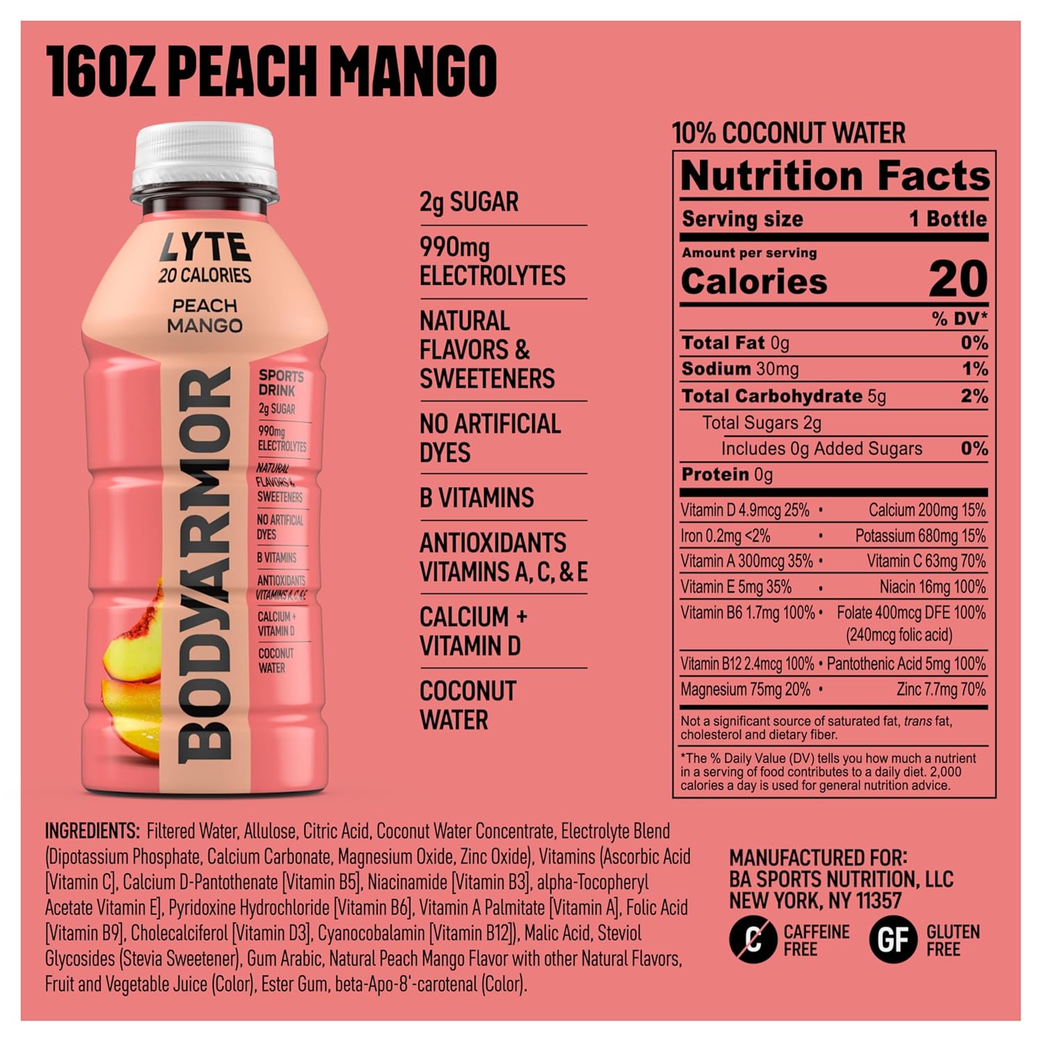BODYARMOR LYTE, Peach Mango, Electrolyte Drink, 20 Calories, 16 Fl Oz Bottles (12 Pack), Coconut Water Sports Drink, Natural Flavor & B Vitamins
