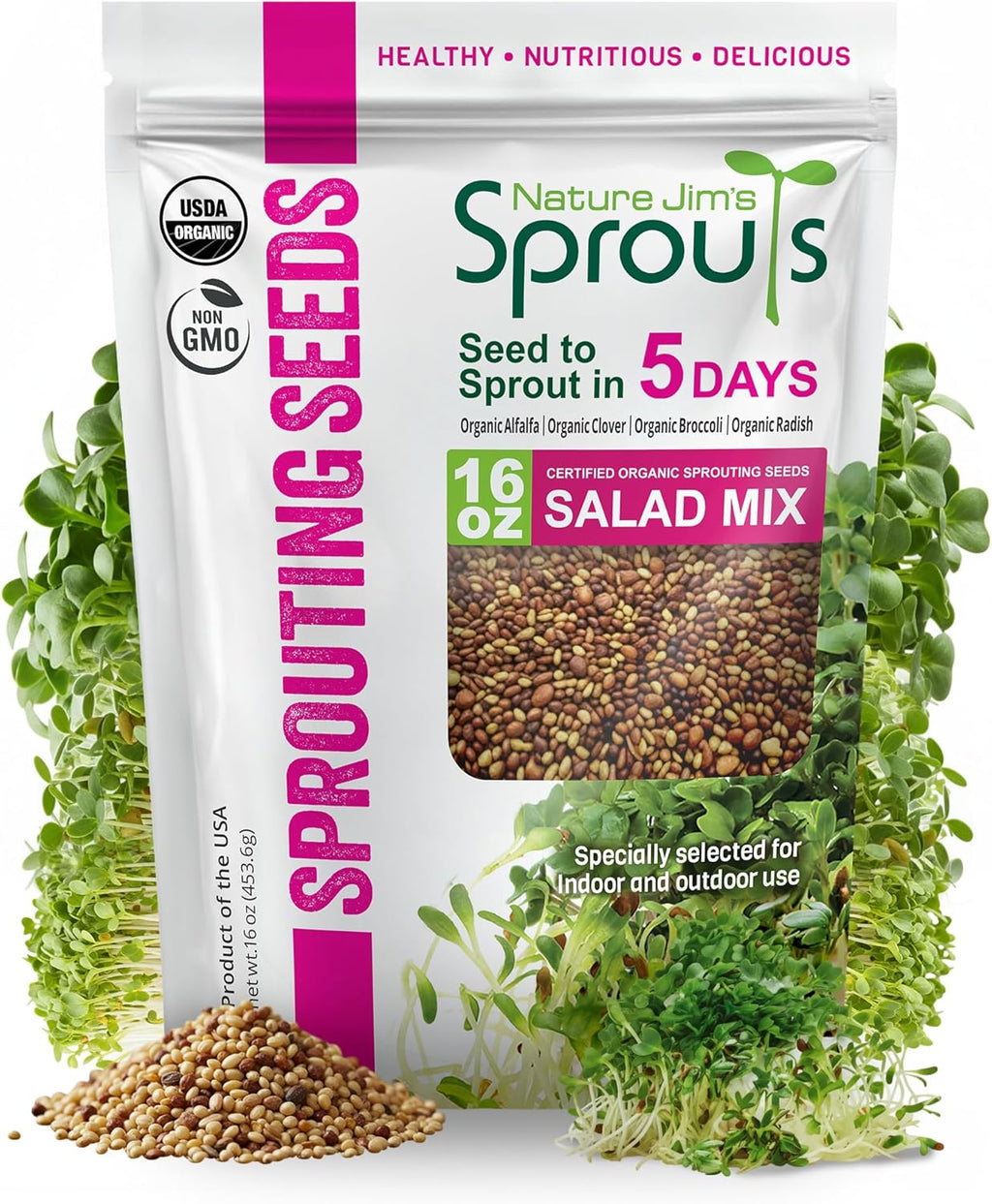 Nature Jim’s Sprouts Organic Salad Mix – Non-GMO Microgreen Seeds, Perfect for Growing Nutritious Organic Broccoli, Alfalfa, Radish & Clover Sprouts – Easy Indoor/Outdoor Home Sprouting Seeds – 1lb