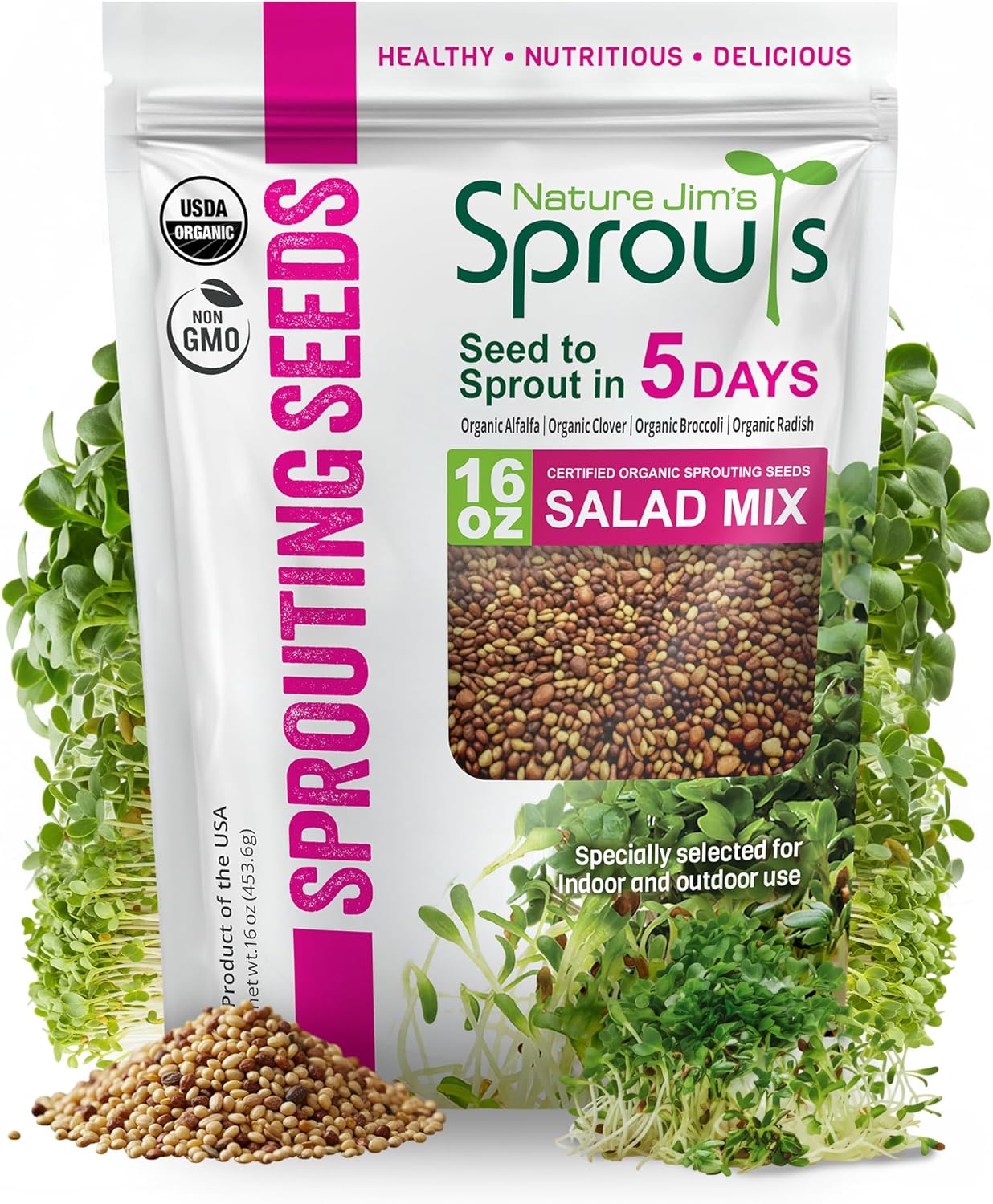Nature Jim’s Sprouts Organic Salad Mix – Non-GMO Microgreen Seeds, Perfect for Growing Nutritious Organic Broccoli, Alfalfa, Radish & Clover Sprouts – Easy Indoor/Outdoor Home Sprouting Seeds – 1lb