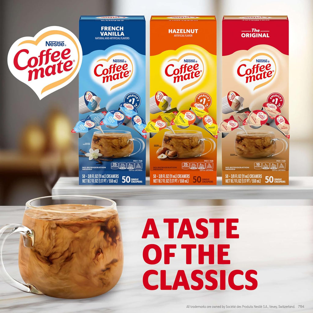 Nestle Coffee mate Creamer Singles Variety Pack, Original, French Vanilla, Hazelnut, Non Dairy, No Refrigeration, 150 Count (Pack of 3)