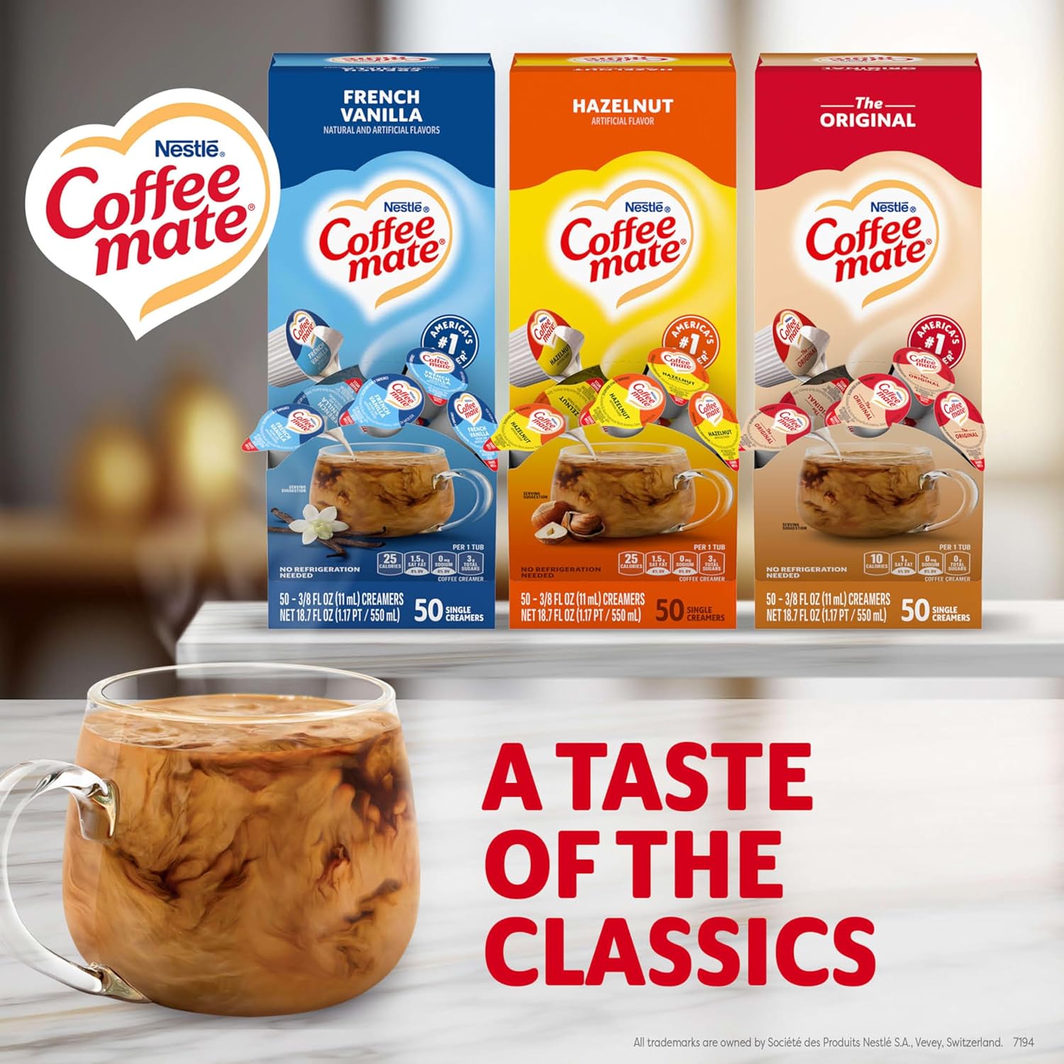 Nestle Coffee mate Creamer Singles Variety Pack, Original, French Vanilla, Hazelnut, Non Dairy, No Refrigeration, 150 Count (Pack of 3)