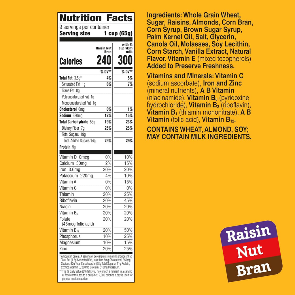 Raisin Nut Bran Cereal, High Fiber Cereal, Made with Whole Grain, 20.8 oz
