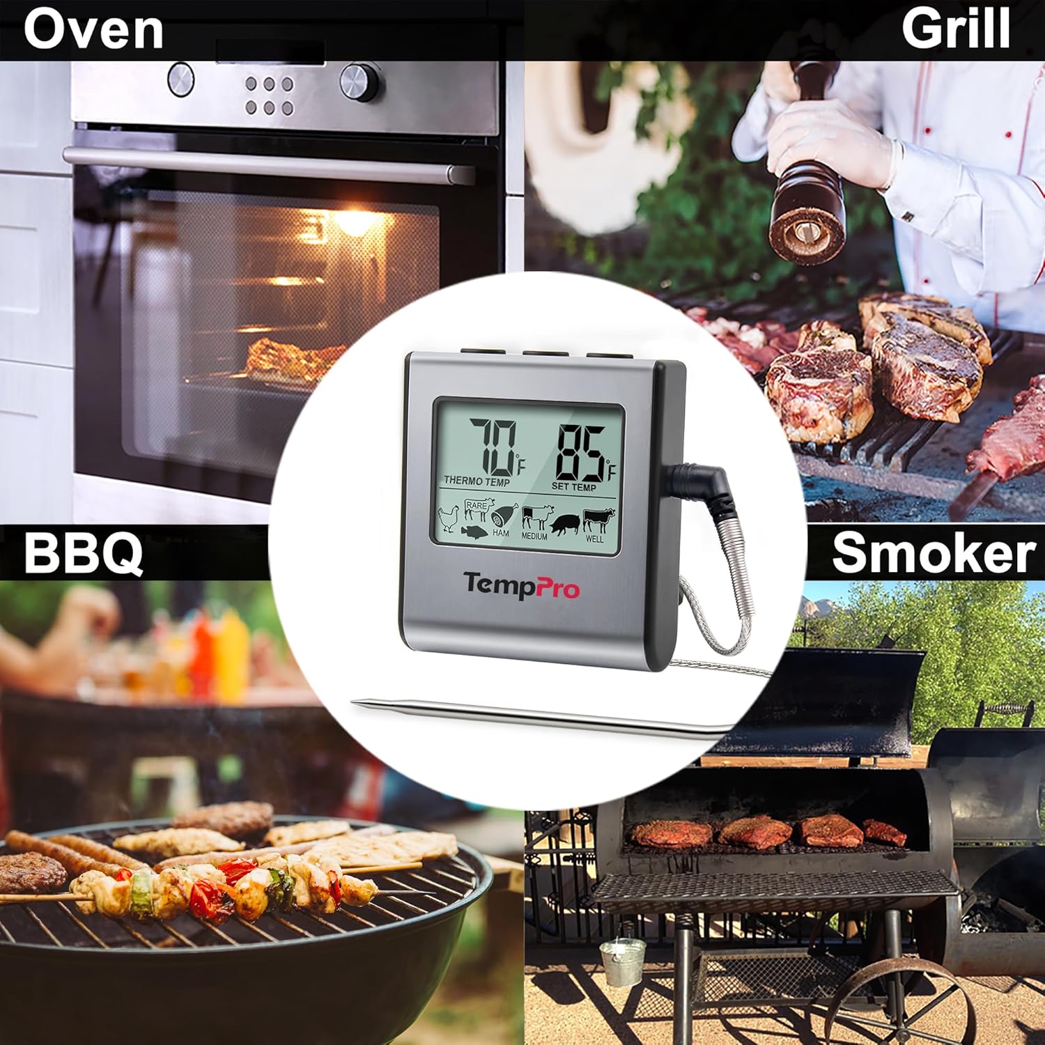 TempPro TP16 Large LCD Digital Cooking Food Meat Thermometer for Smoker Oven Kitchen BBQ Grill Thermometer Clock Timer with Stainless Steel Temperature Probe(Previously ThermoPro)