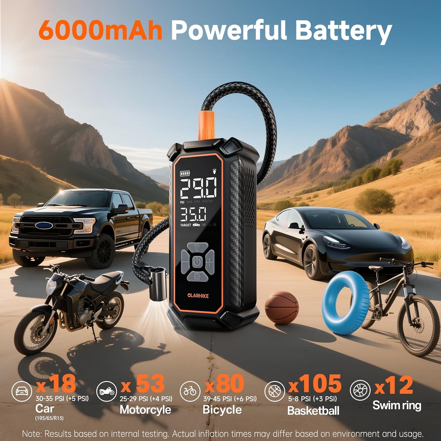 OlarHike Tire Inflator Portable Air Compressor, 150PSI Dual Power - 6000mAh & 12V DC, Cordless Air Pump for Car Tires, Bikes, Motorcycle, Balls with LED & Digital Pressure Gauge, Gift for Mom