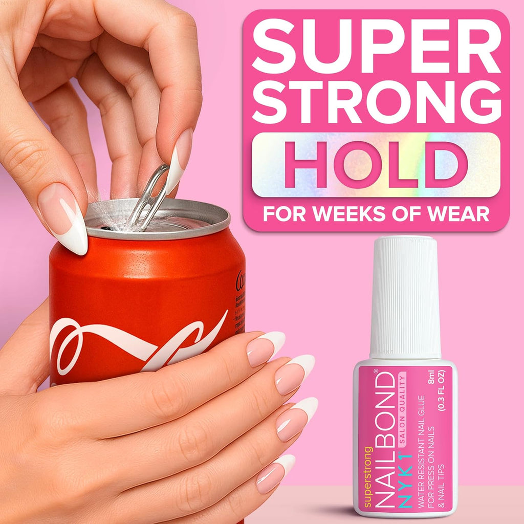 Super Strong Nail Glue for Press On Nails, Nail Tips & Acrylic Nails (8ml) NYK1 NailBond Brush On Glue for Press Ons, Tips & Acrylics - Long Lasting, Maximum Strength, Mess-Free Application