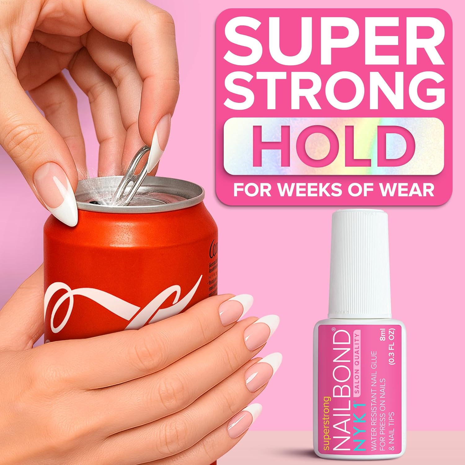 Super Strong Nail Glue for Press On Nails, Nail Tips & Acrylic Nails (8ml) NYK1 NailBond Brush On Glue for Press Ons, Tips & Acrylics - Long Lasting, Maximum Strength, Mess-Free Application