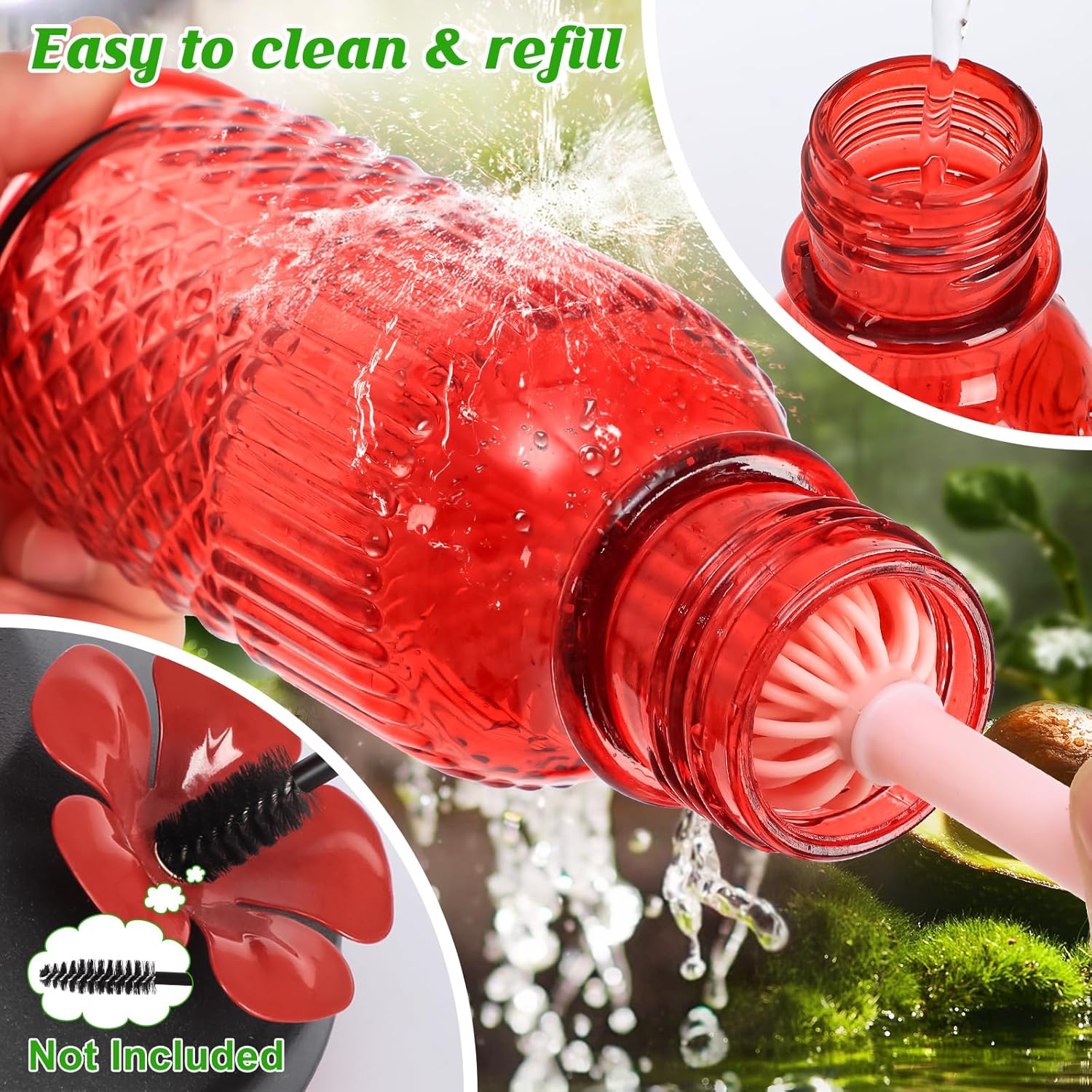 FEED GARDEN Glass Hummingbird Feeder, 16oz Outdoor Hanging Bird Feeder with Ant Moat, 4 Bee-Proof Feeding Ports, 360° Perch, Leak-Proof, Red
