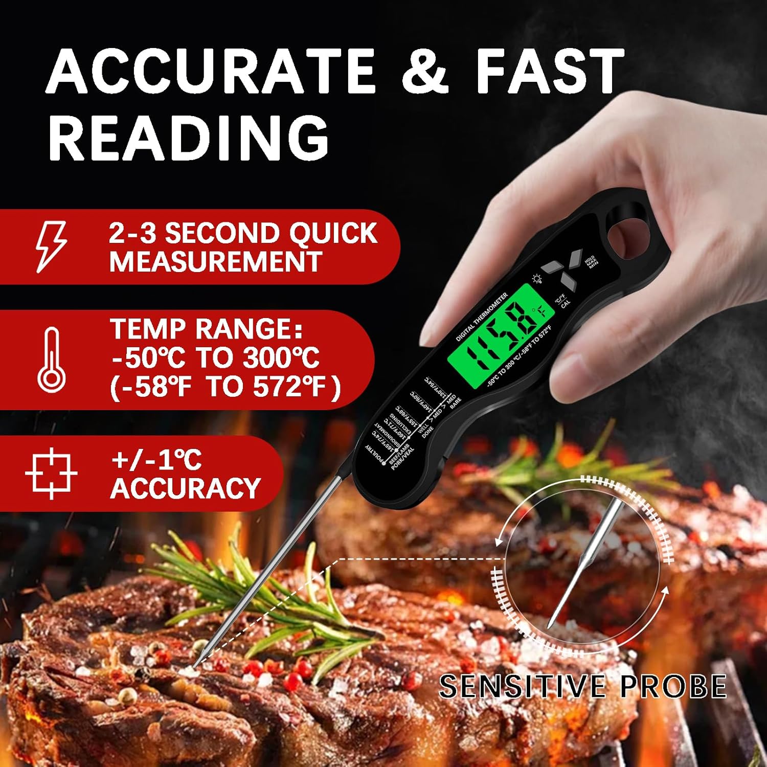 Meat Thermometer Digital，IP67 Waterproof Cooking Thermometer with Backlight, Calibration & Hold Function，Food Thermometer for Cooking,Outdoor Grilling